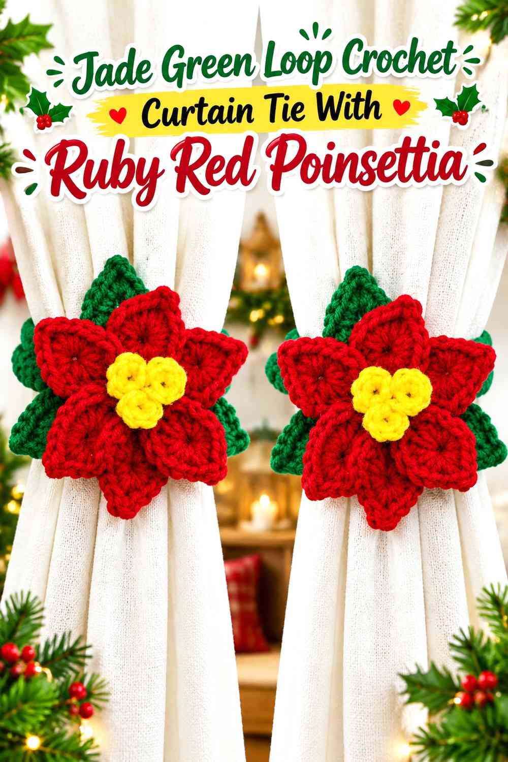 Jade Green Loop Crochet Curtain Tie With Ruby Red Poinsettia