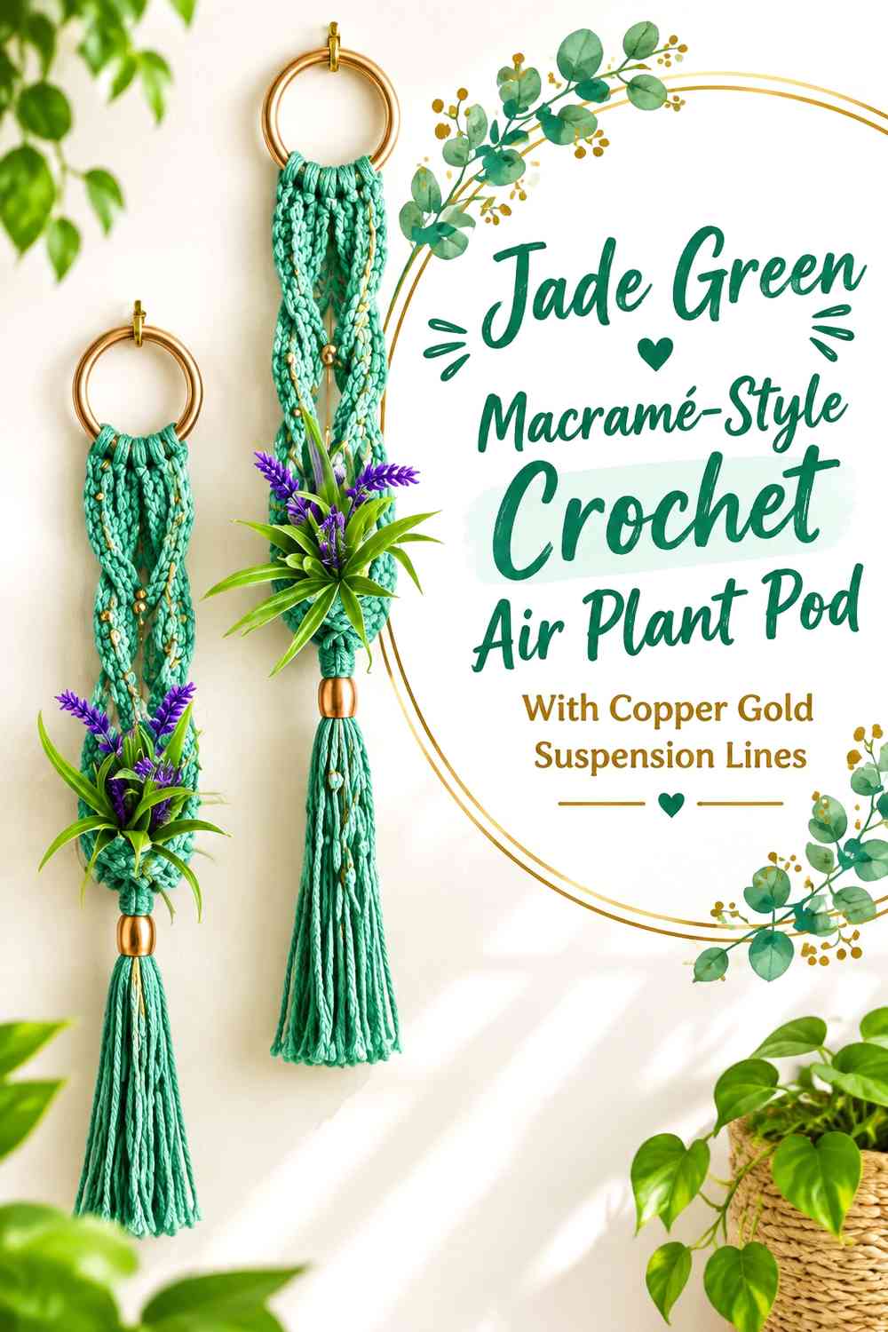 Jade Green Macramé-Style Crochet Air Plant Pod With Copper Gold Suspension Lines