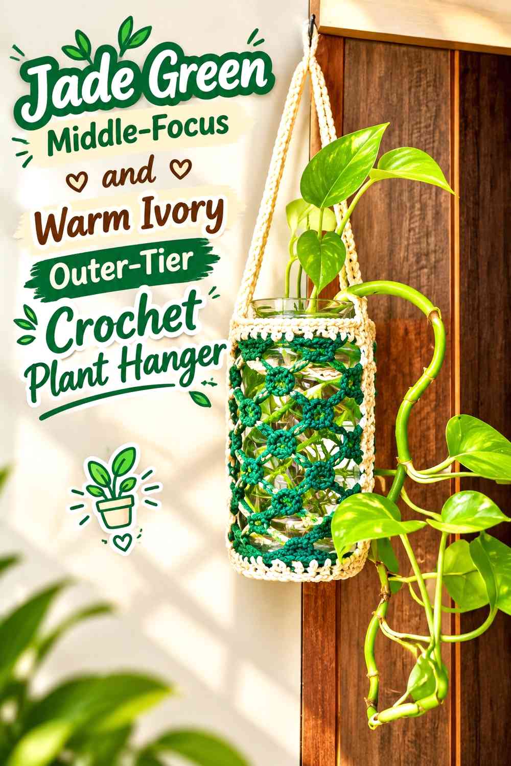 Jade Green Middle-Focus and Warm Ivory Outer-Tier Crochet Plant Hanger