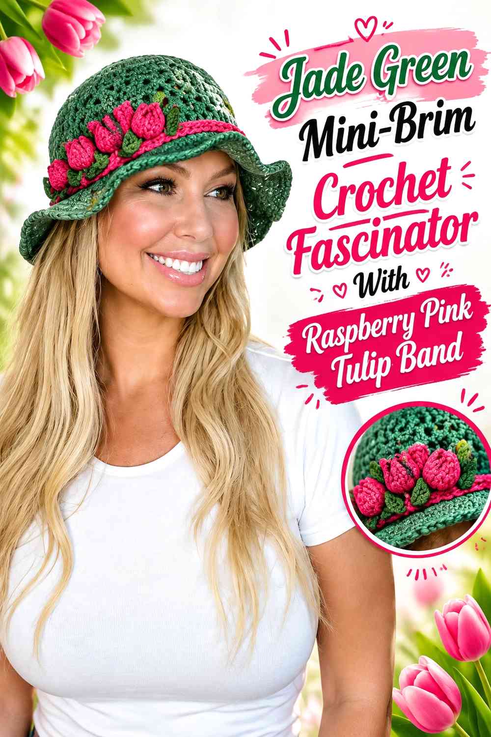 Jade Green Mini-Brim Crochet Fascinator With Raspberry Pink Tulip Band