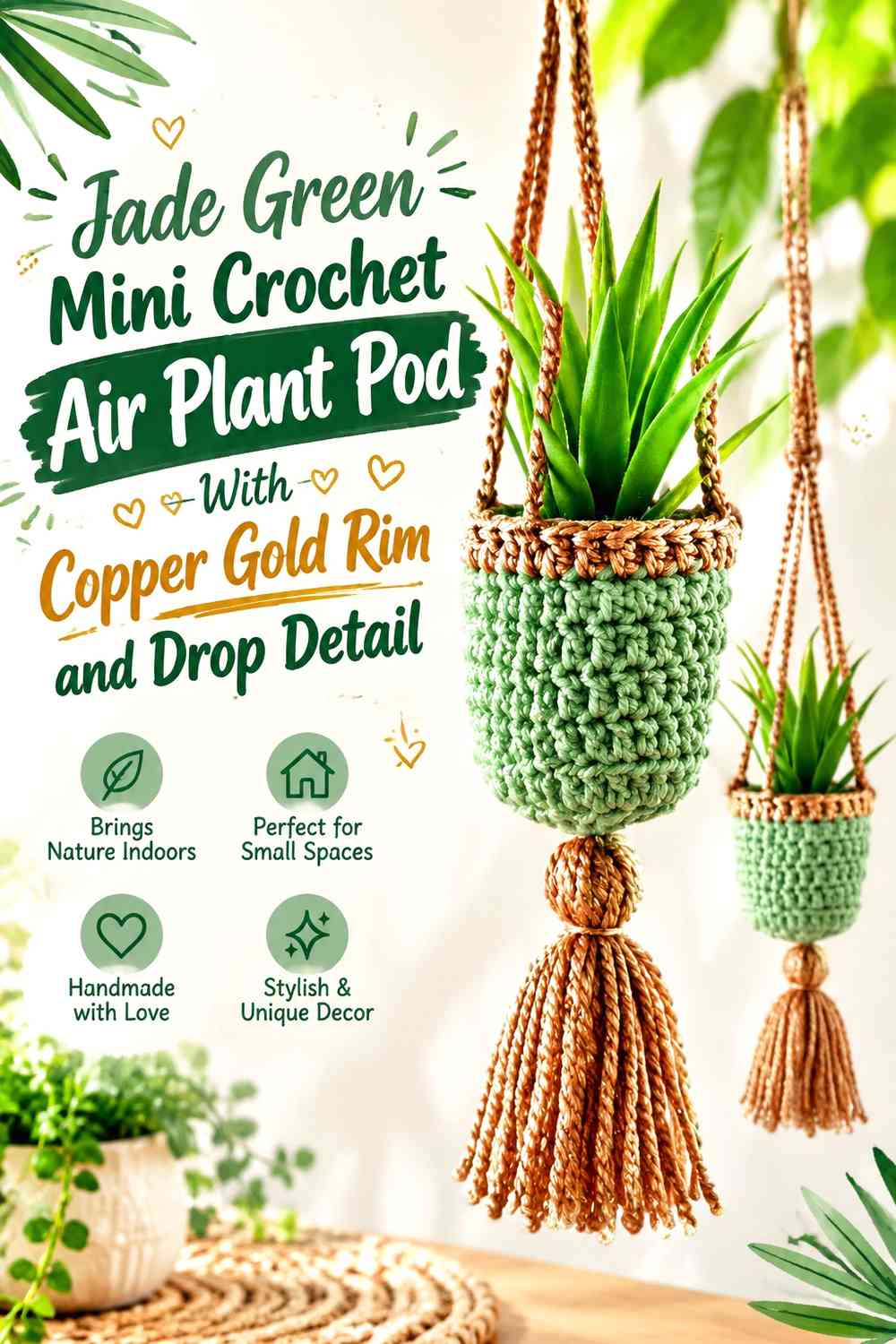 Jade Green Mini Crochet Air Plant Pod With Copper Gold Rim and Drop Detail
