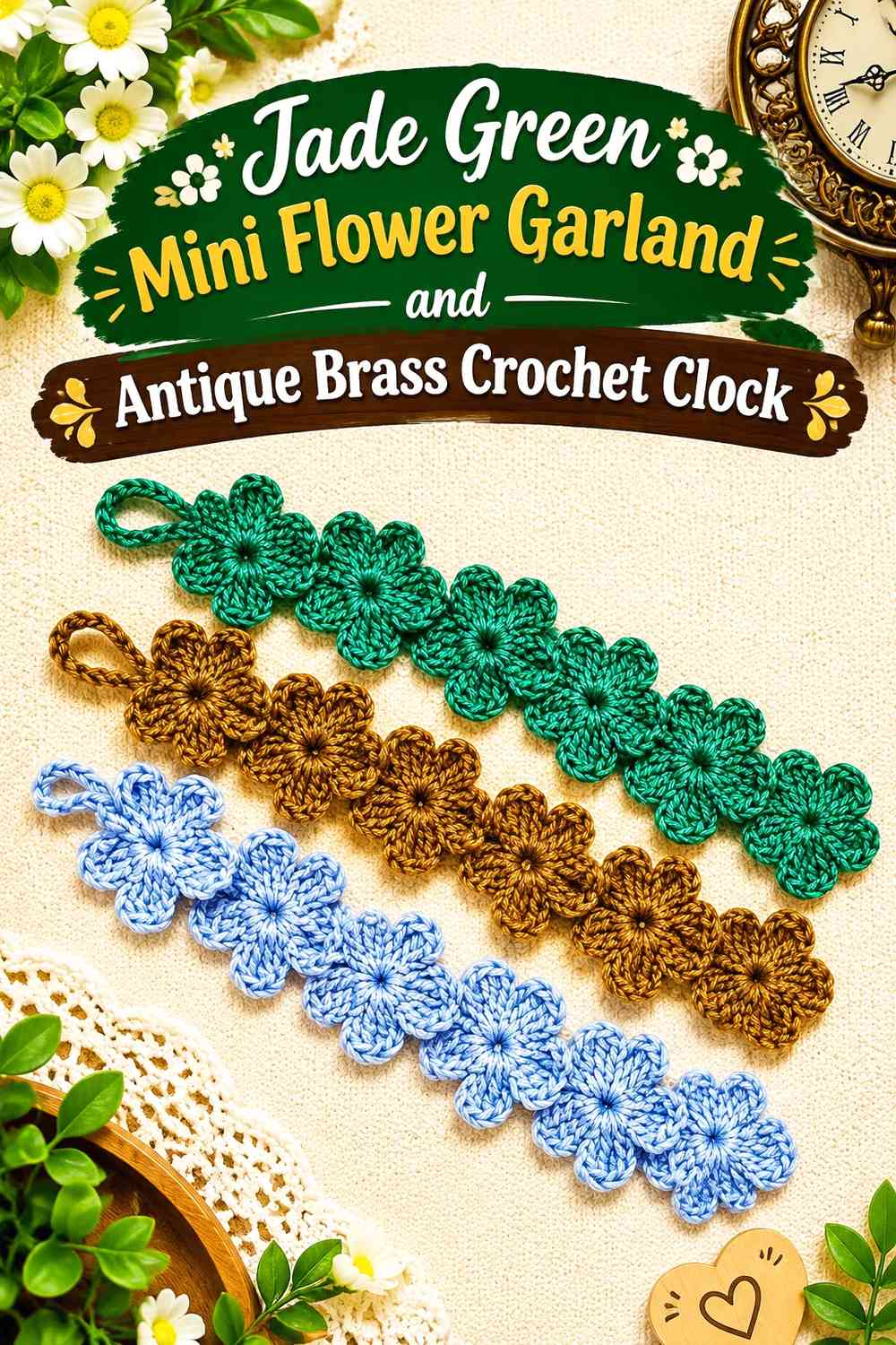 Jade Green Mini Flower Garland and Antique Brass Crochet Clock