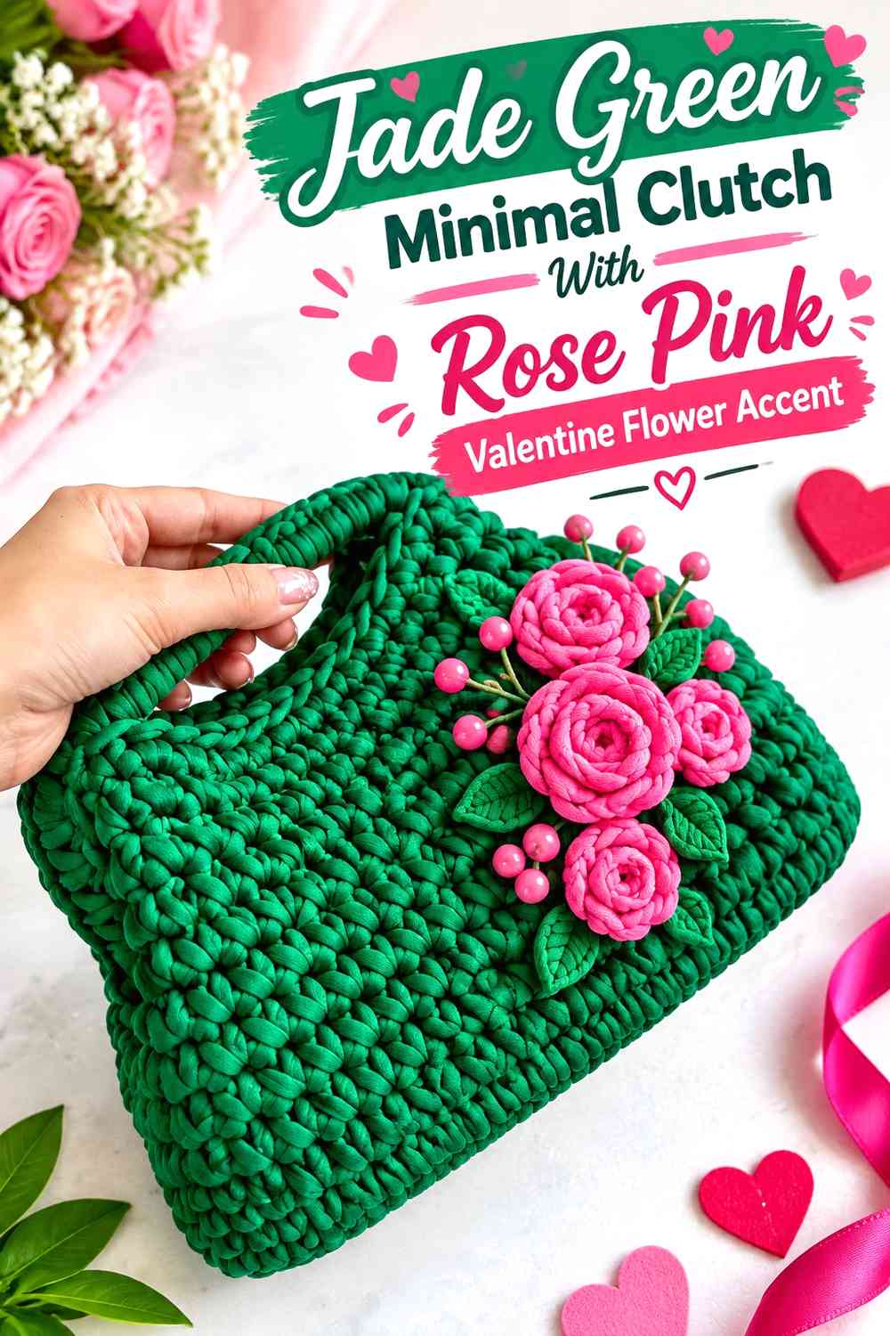 Jade Green Minimal Clutch With Rose Pink Valentine Flower Accent