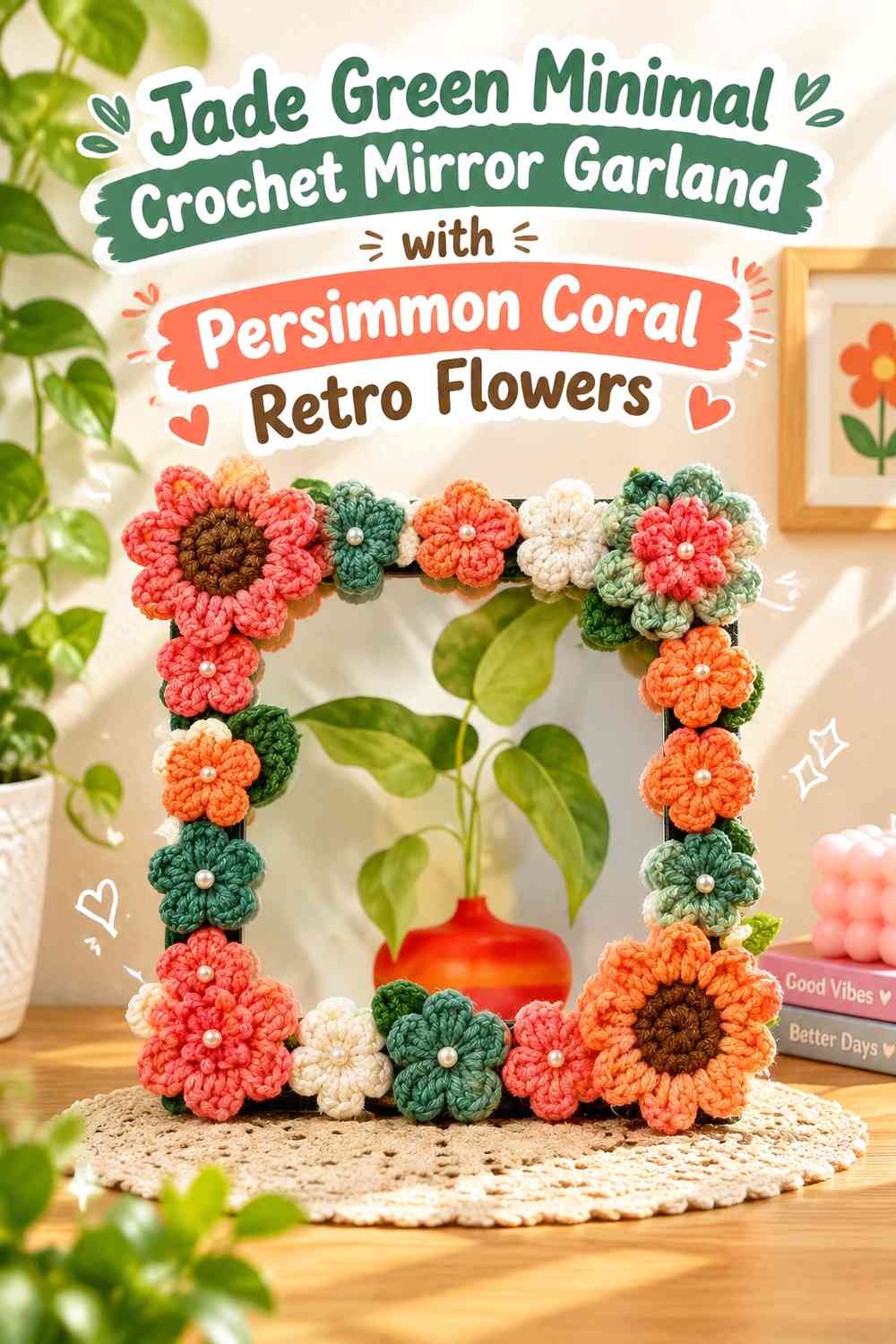 Jade Green Minimal Crochet Mirror Garland with Persimmon Coral Retro Flowers