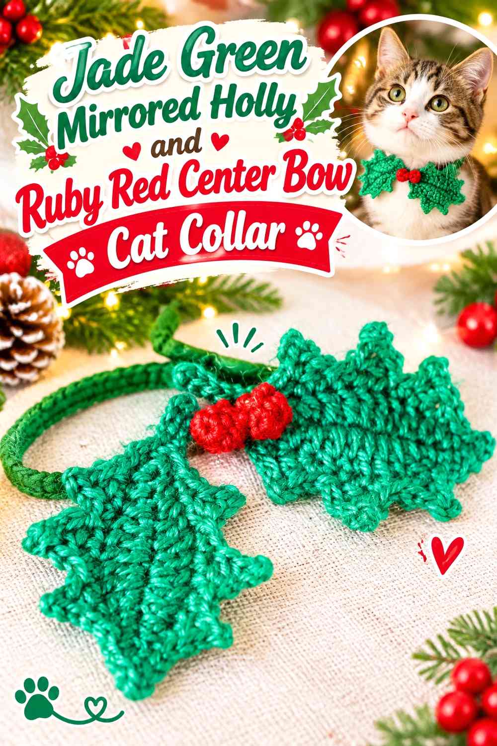 Jade Green Mirrored Holly and Ruby Red Center Bow Cat Collar