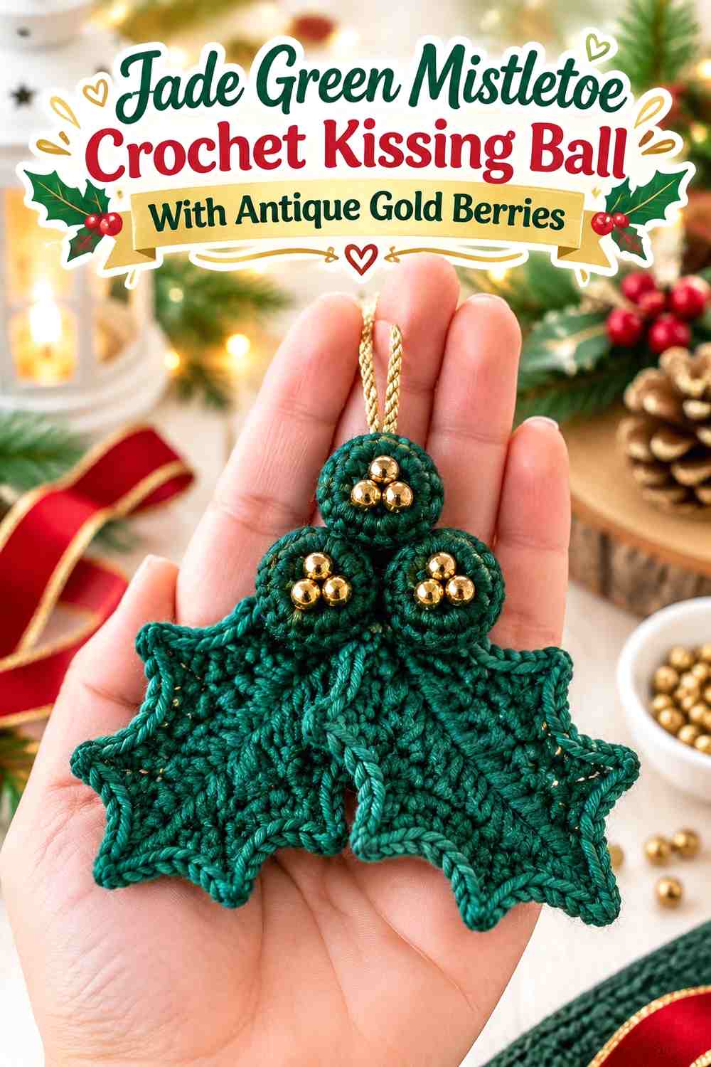 Jade Green Mistletoe Crochet Kissing Ball With Antique Gold Berries