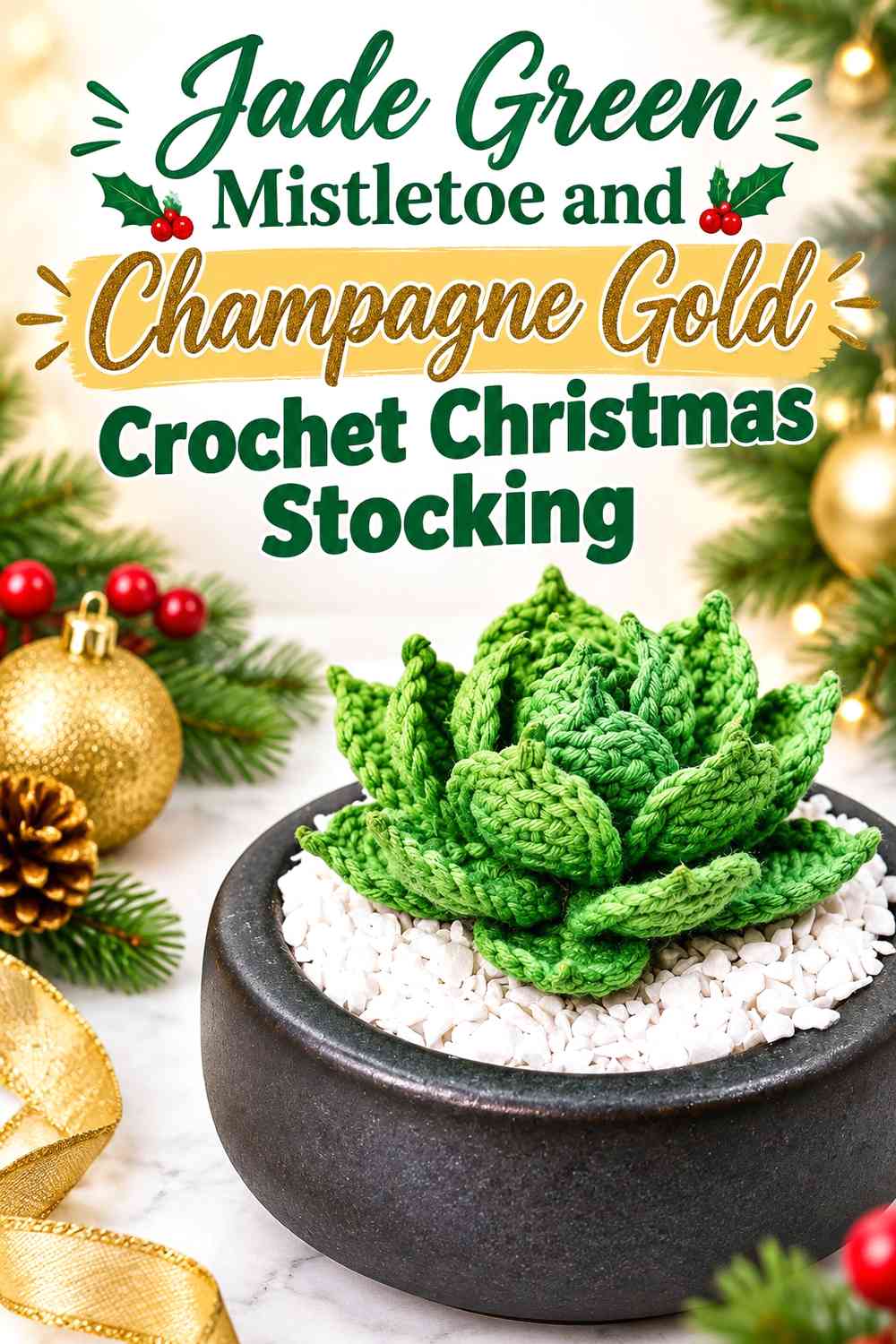 Jade Green Mistletoe and Champagne Gold Crochet Christmas Stocking