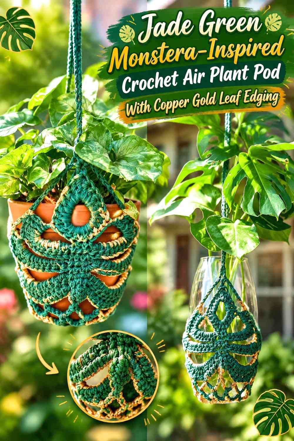 Jade Green Monstera-Inspired Crochet Air Plant Pod With Copper Gold Leaf Edging