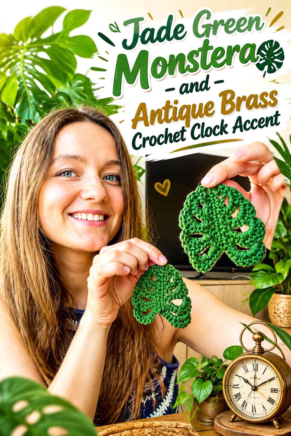 Jade Green Monstera and Antique Brass Crochet Clock Accent