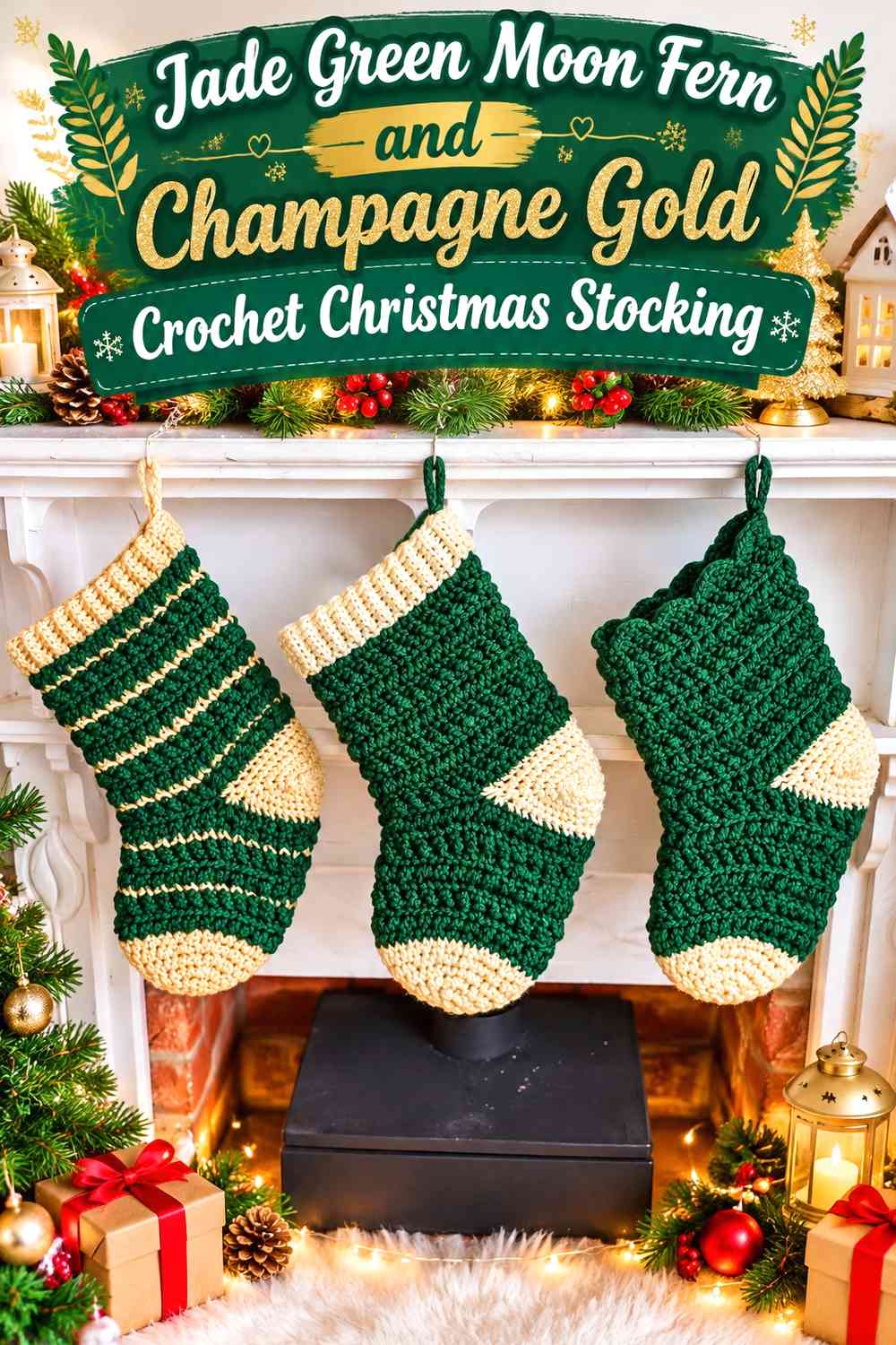 Jade Green Moon Fern and Champagne Gold Crochet Christmas Stocking