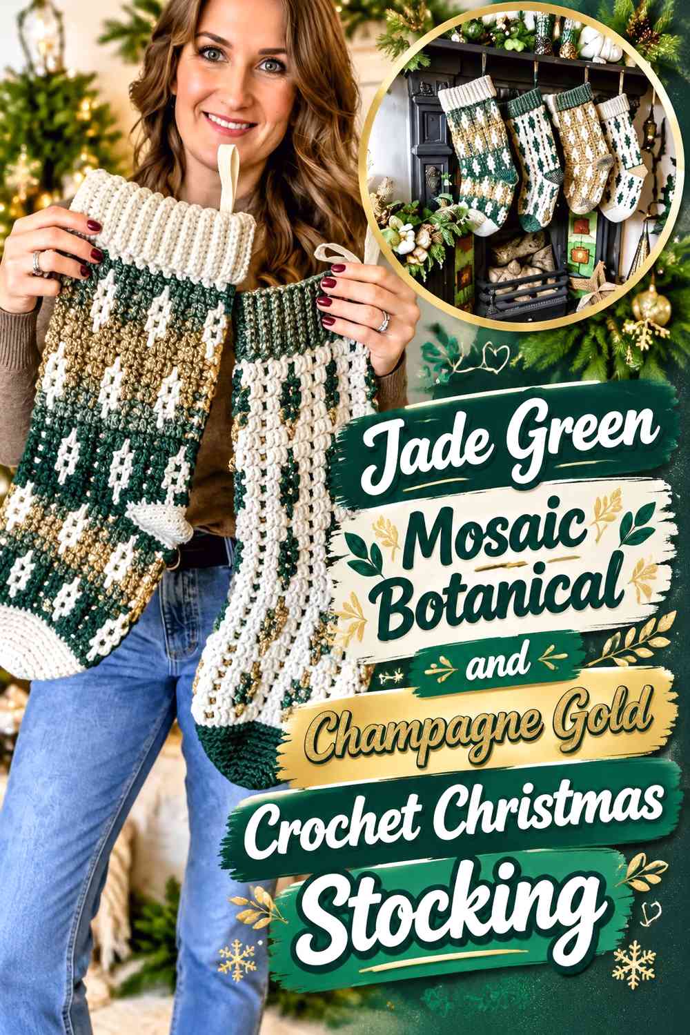 Jade Green Mosaic Botanical and Champagne Gold Crochet Christmas Stocking