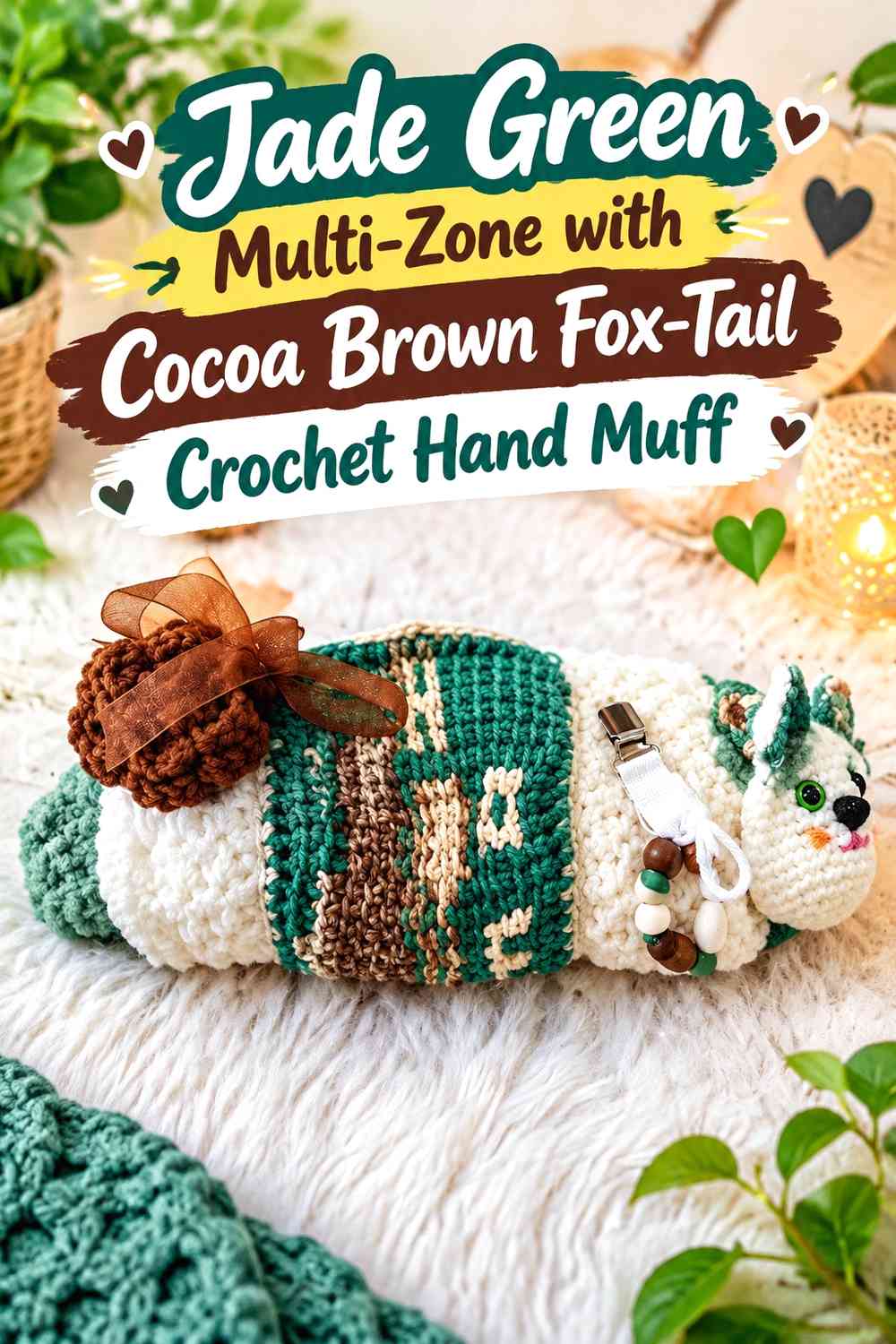 Jade Green Multi-Zone with Cocoa Brown Fox-Tail Crochet Hand Muff