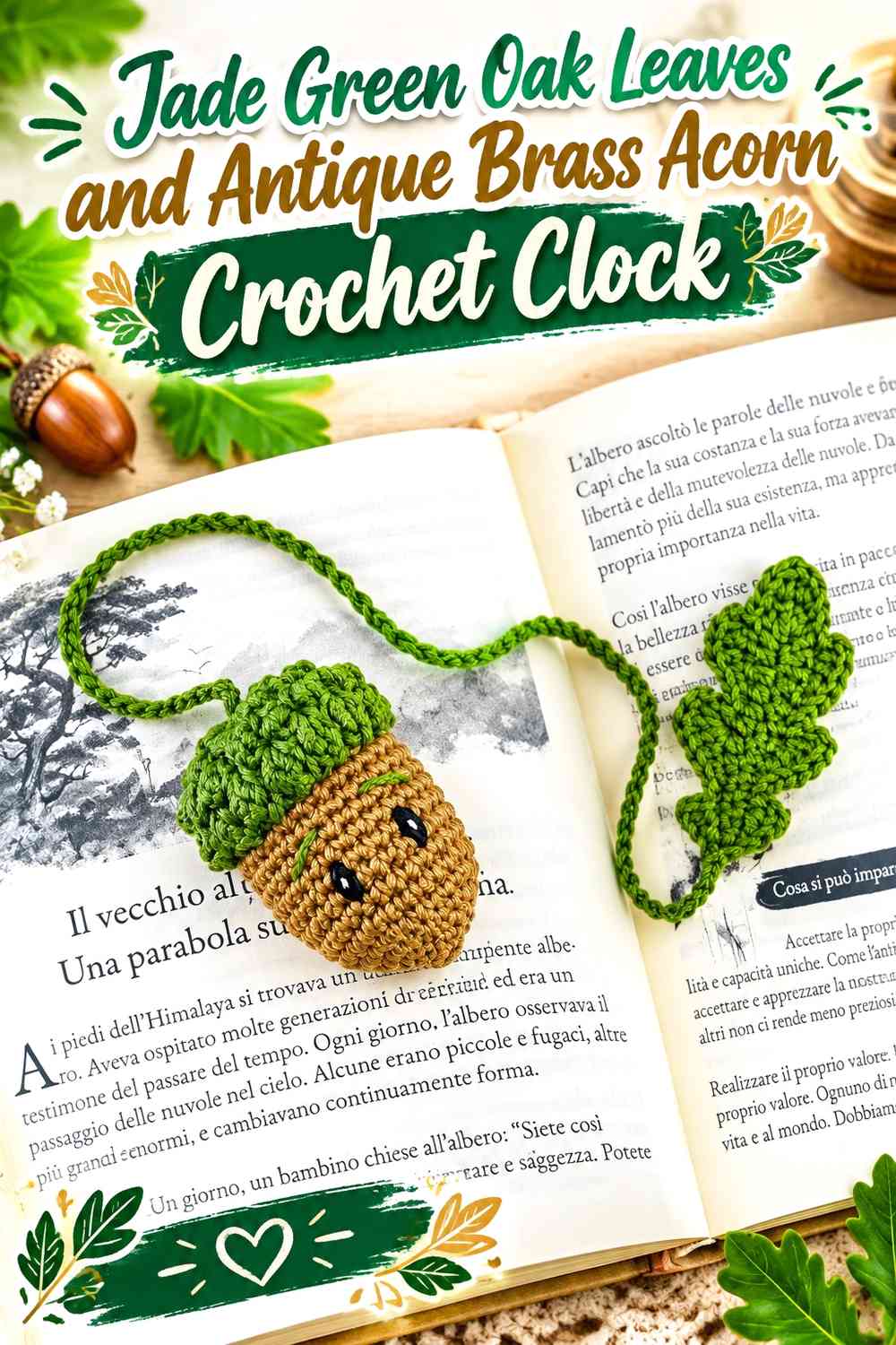 Jade Green Oak Leaves and Antique Brass Acorn Crochet Clock