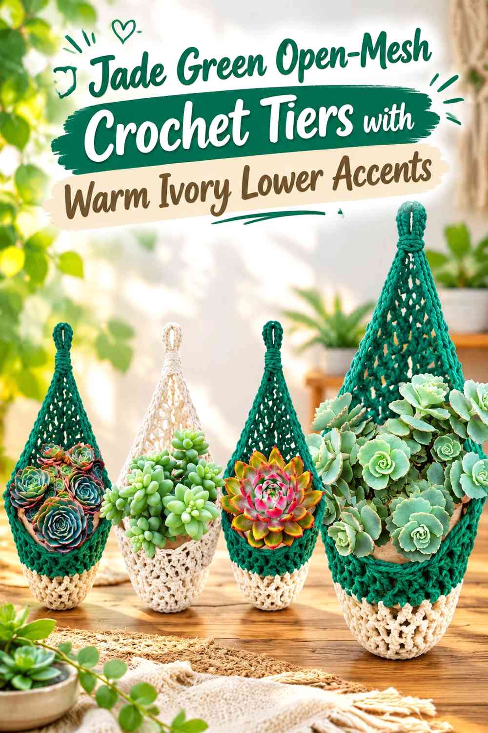 Jade Green Open-Mesh Crochet Tiers with Warm Ivory Lower Accents