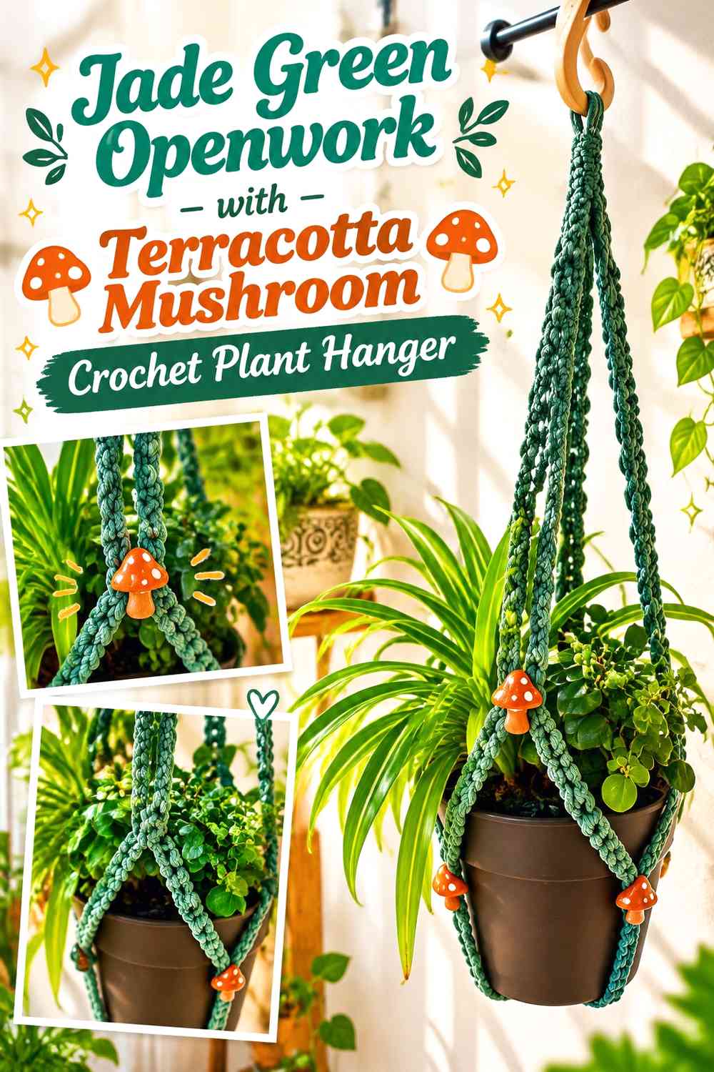 Jade Green Openwork with Terracotta Mushroom Crochet Plant Hanger