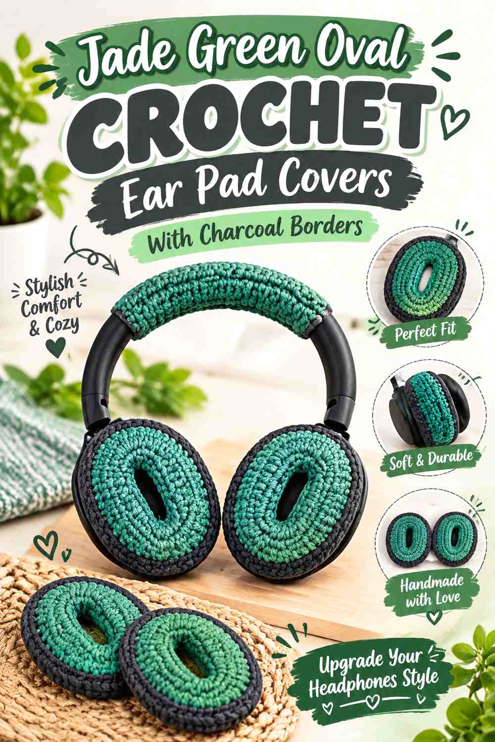 Jade Green Oval Crochet Ear Pad Covers With Charcoal Borders