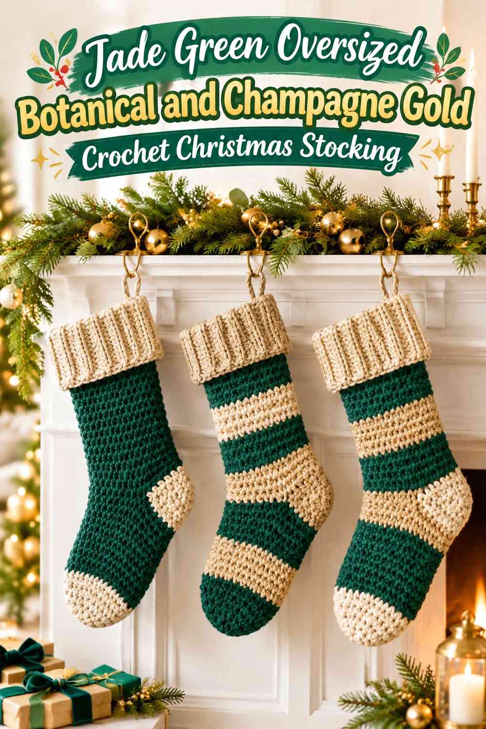 Jade Green Oversized Botanical and Champagne Gold Crochet Christmas Stocking