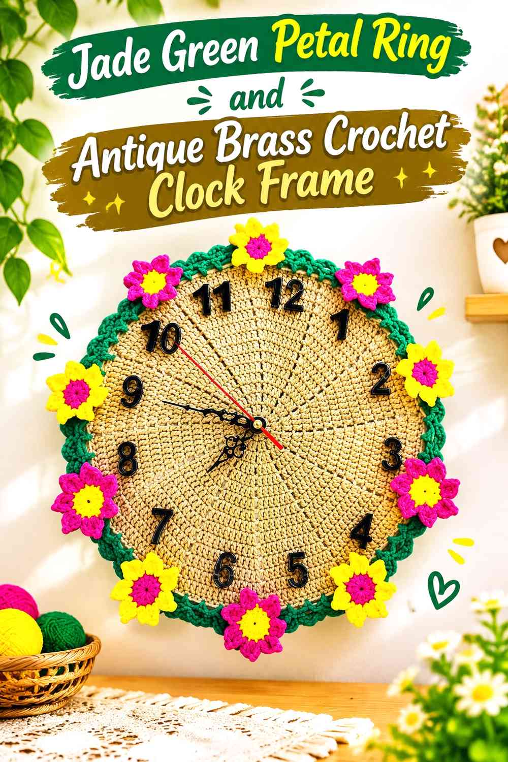 Jade Green Petal Ring and Antique Brass Crochet Clock Frame