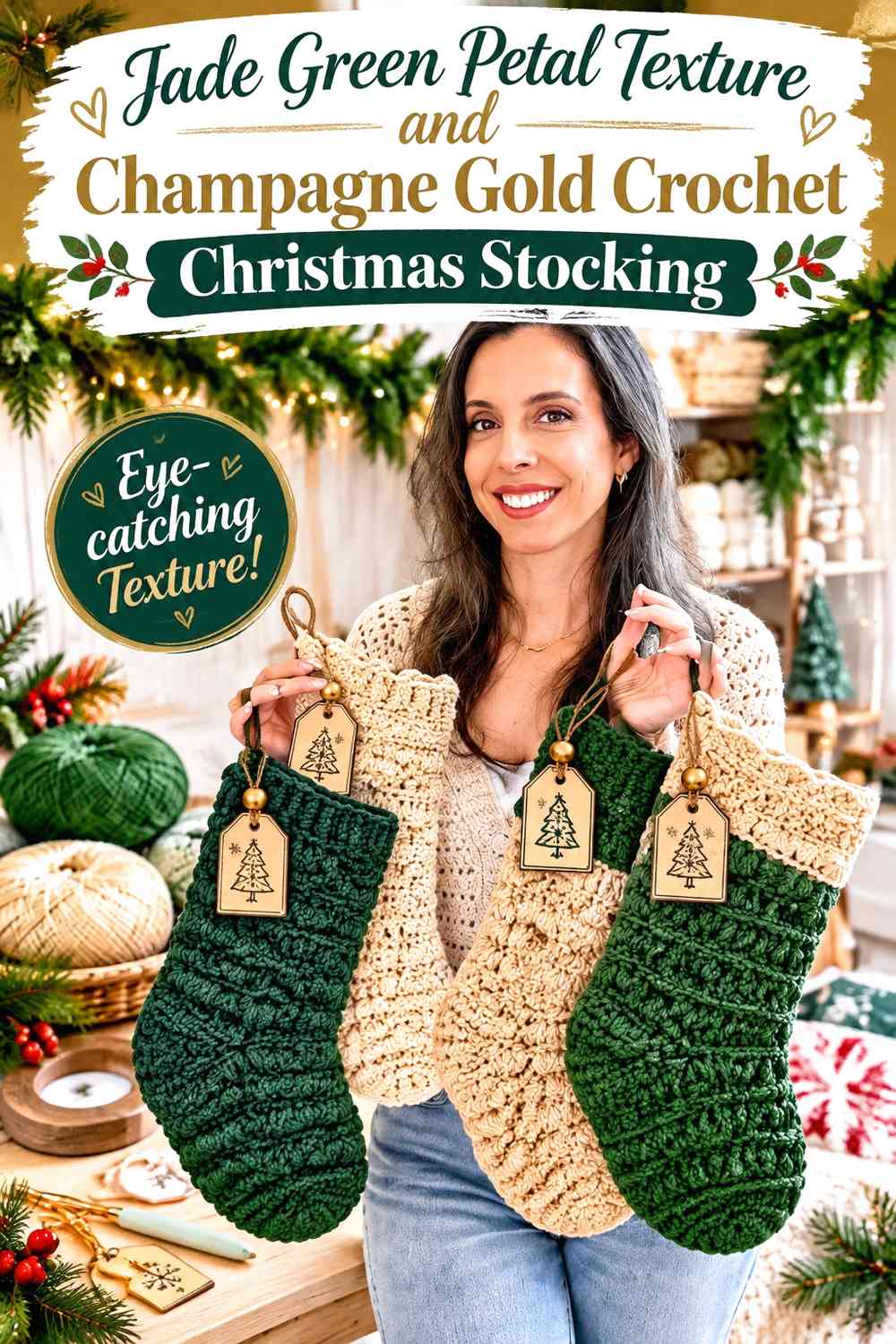 Jade Green Petal Texture and Champagne Gold Crochet Christmas Stocking