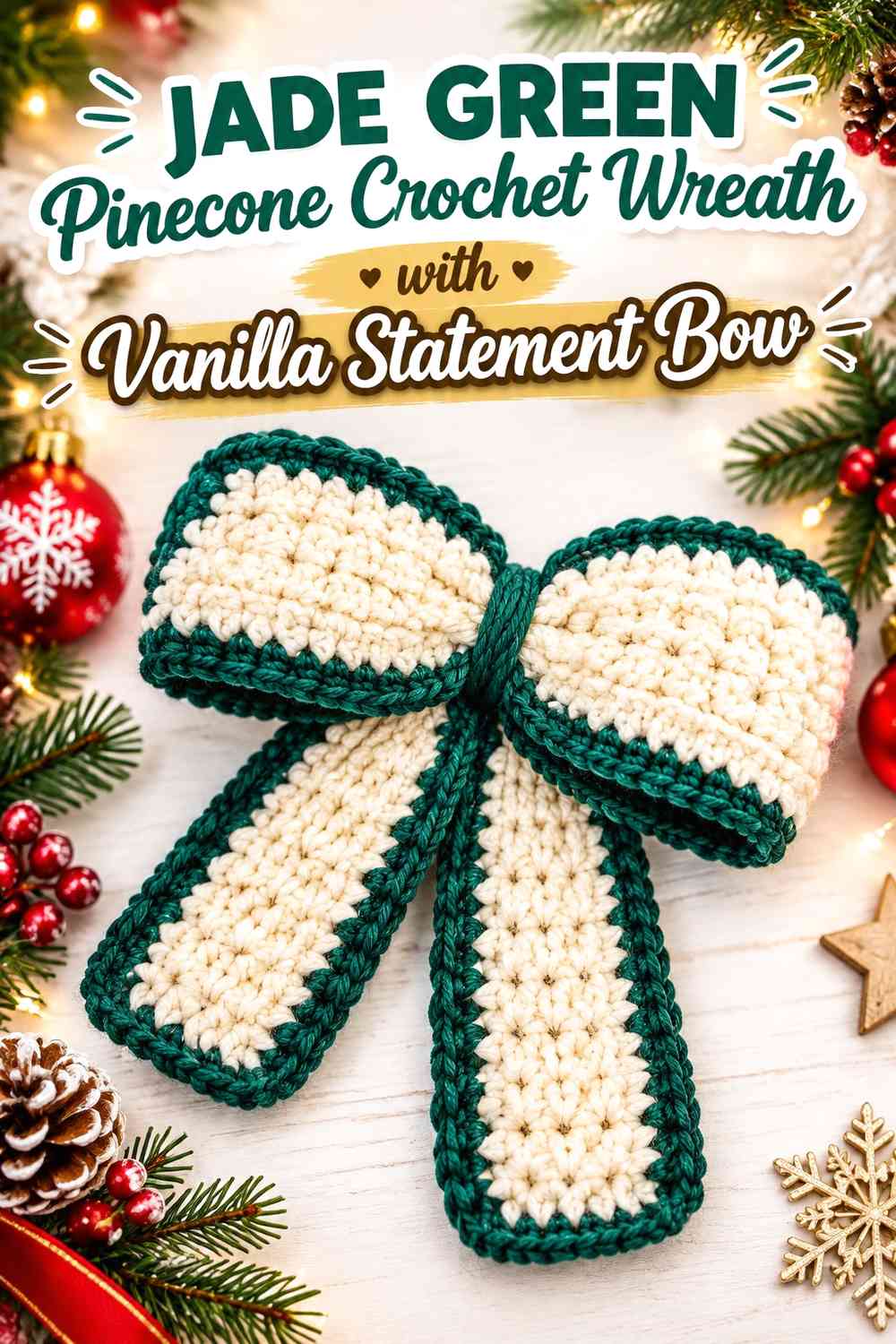 Jade Green Pinecone Crochet Wreath with Vanilla Statement Bow