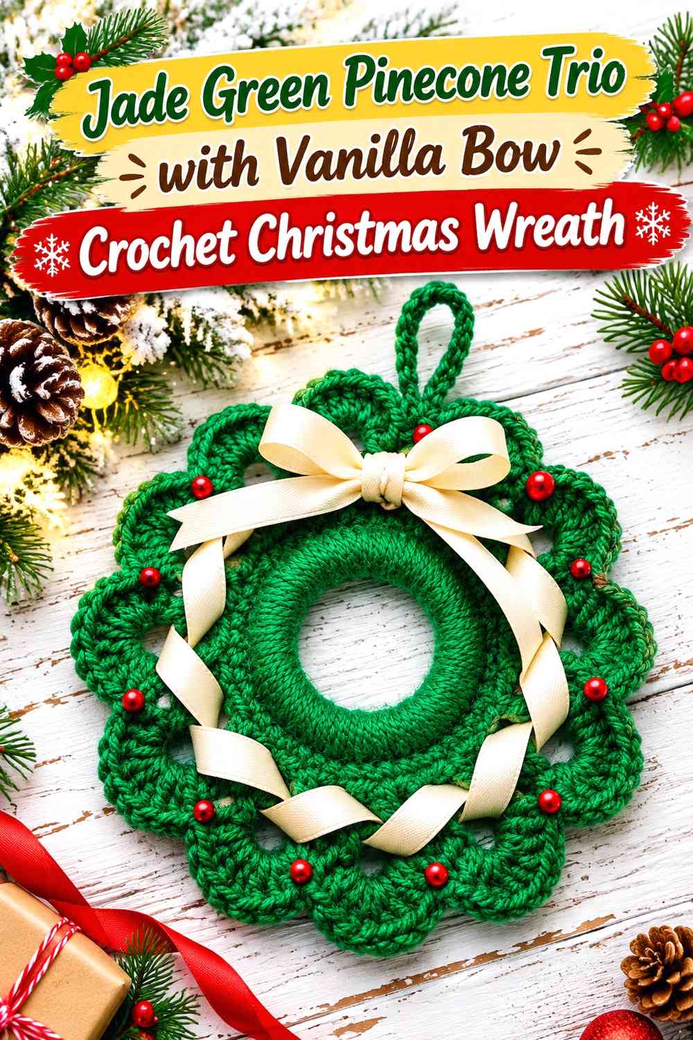 Jade Green Pinecone Trio with Vanilla Bow Crochet Christmas Wreath