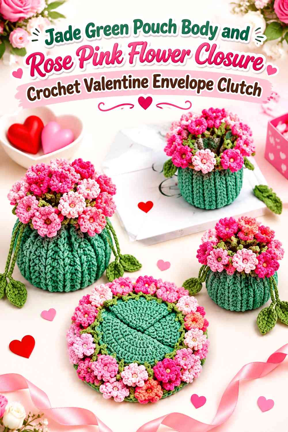 Jade Green Pouch Body and Rose Pink Flower Closure Crochet Valentine Envelope Clutch