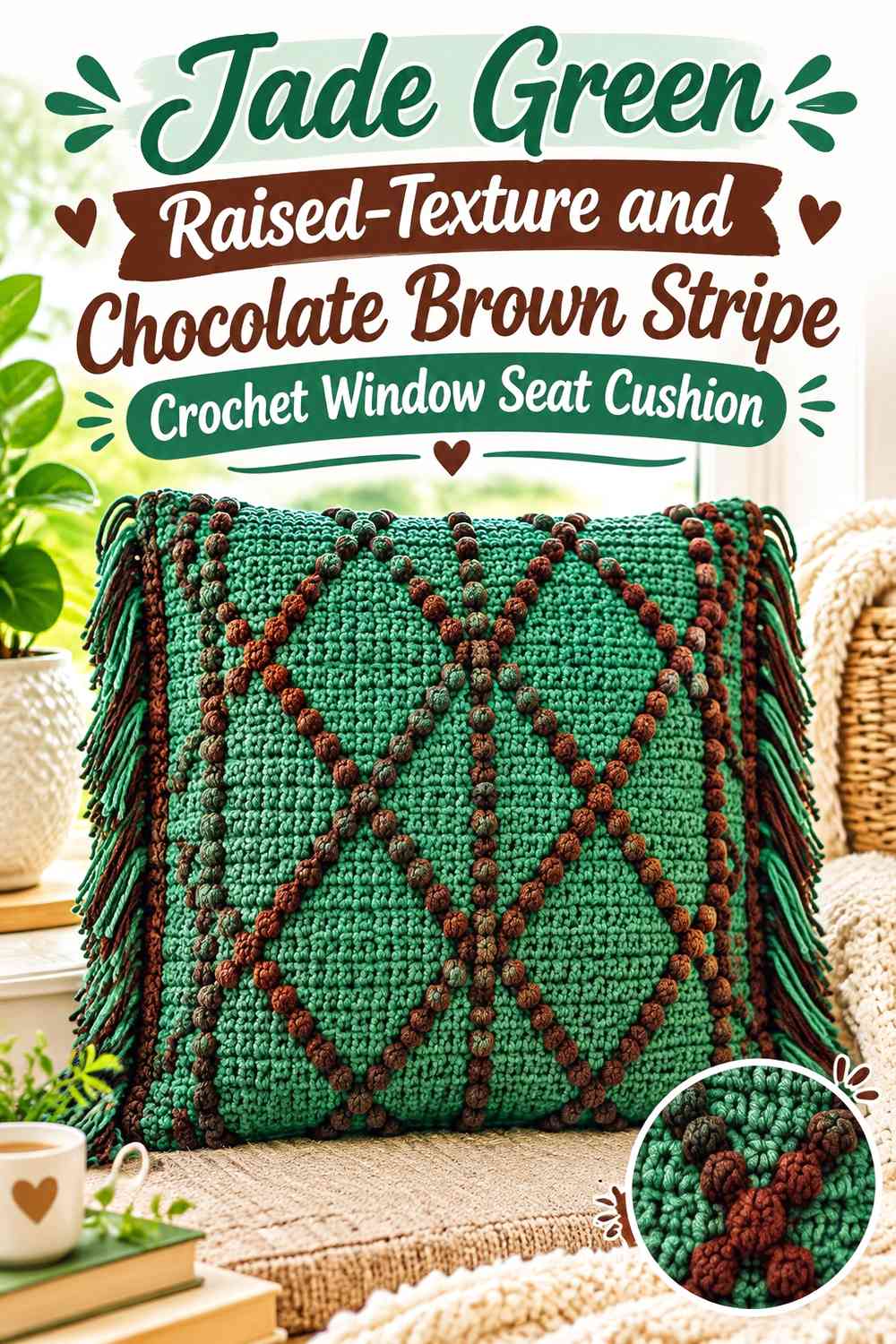 Jade Green Raised-Texture and Chocolate Brown Stripe Crochet Window Seat Cushion
