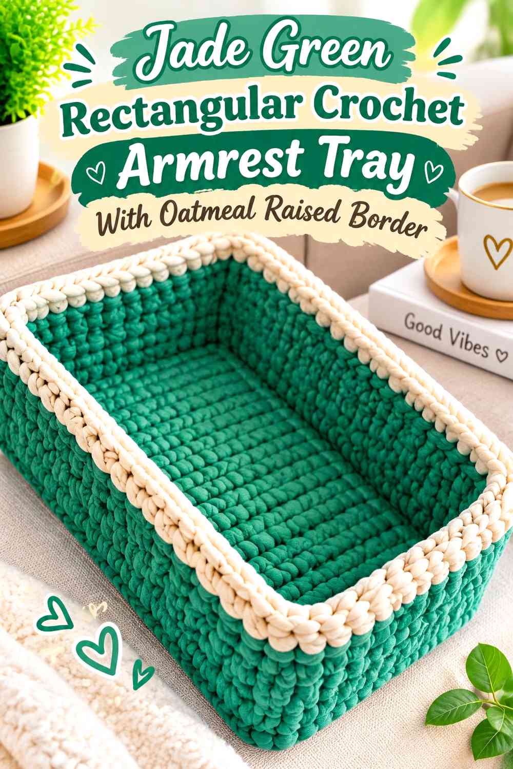 Jade Green Rectangular Crochet Armrest Tray With Oatmeal Raised Border