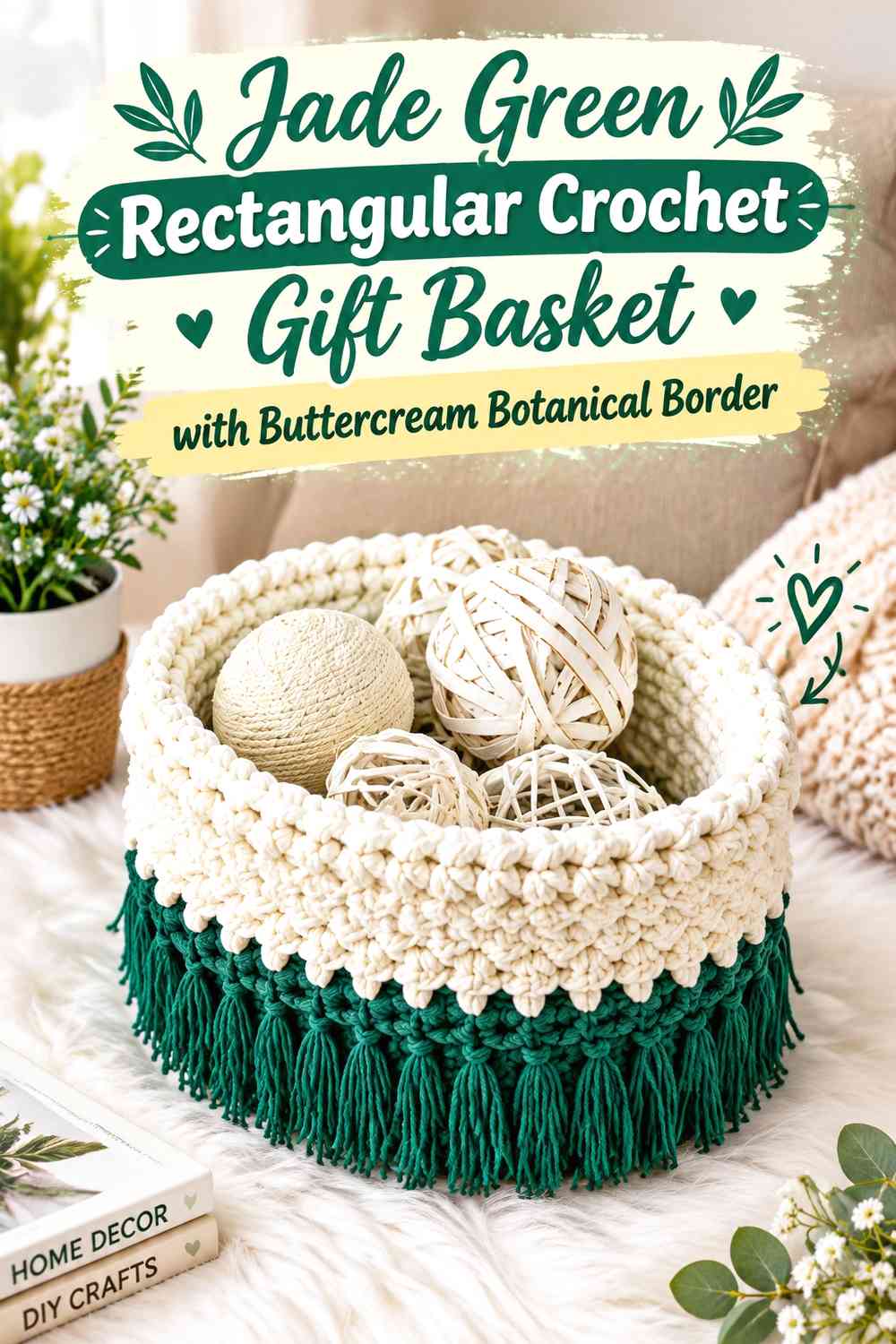Jade Green Rectangular Crochet Gift Basket with Buttercream Botanical Border