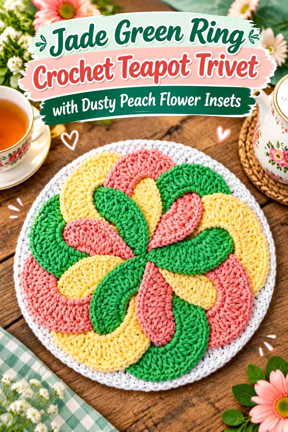 Jade Green Ring Crochet Teapot Trivet with Dusty Peach Flower Insets