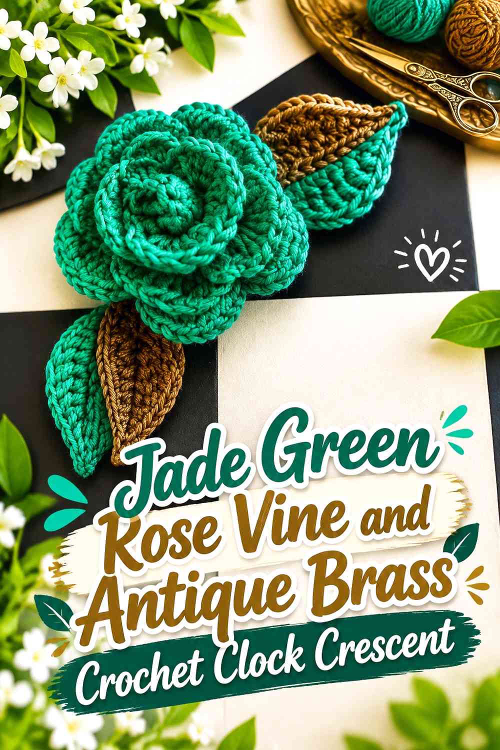 Jade Green Rose Vine and Antique Brass Crochet Clock Crescent