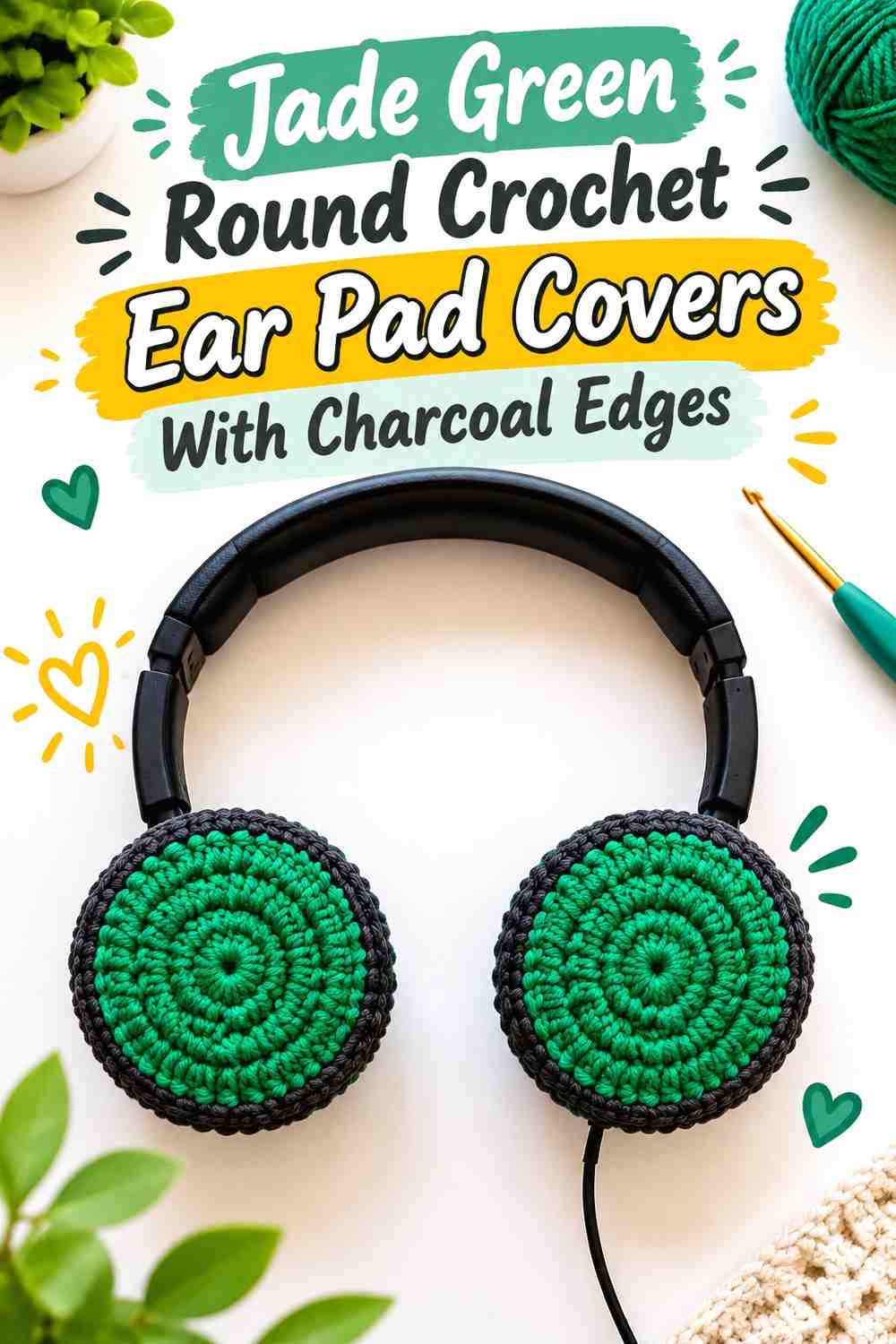 Jade Green Round Crochet Ear Pad Covers With Charcoal Edges