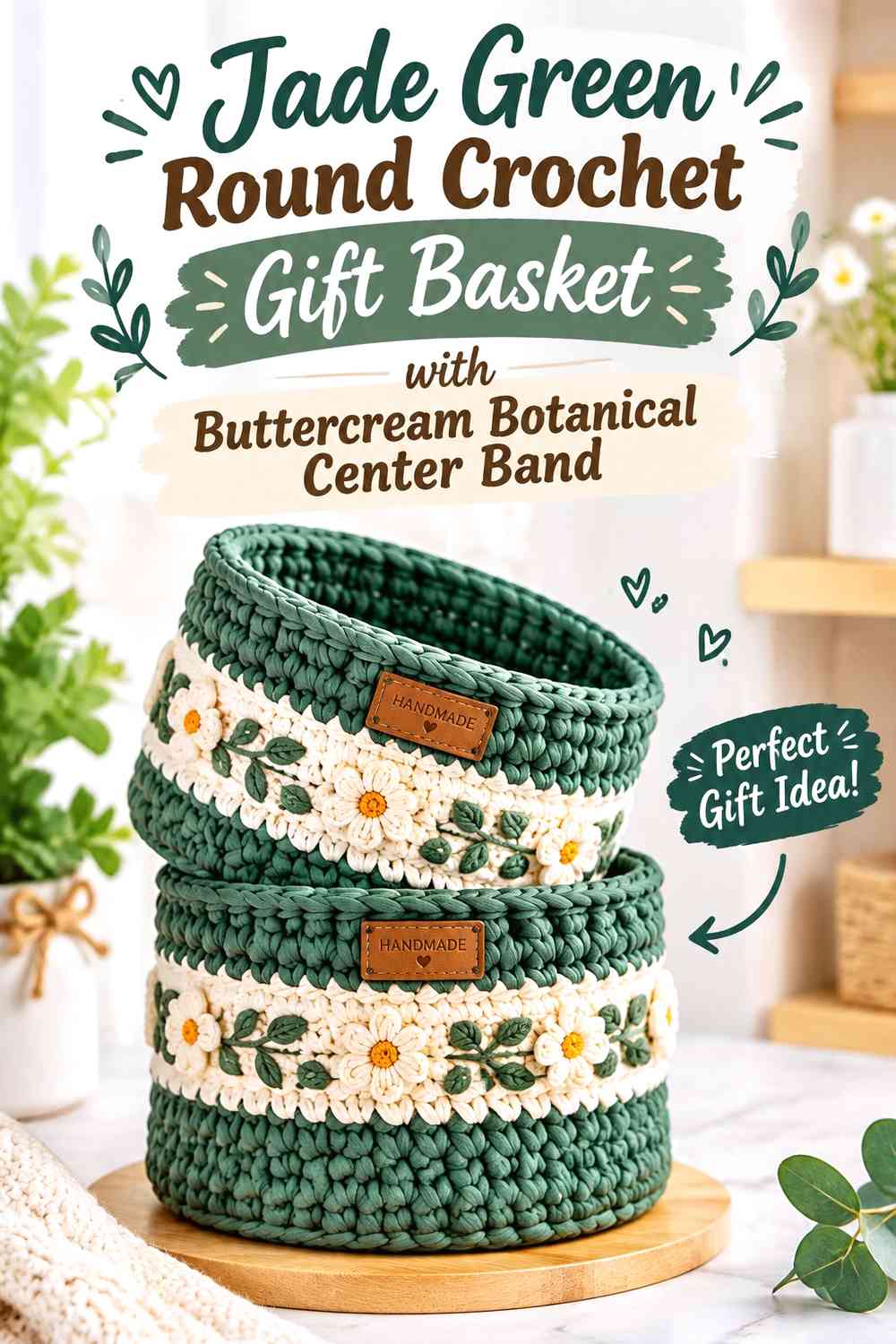 Jade Green Round Crochet Gift Basket with Buttercream Botanical Center Band