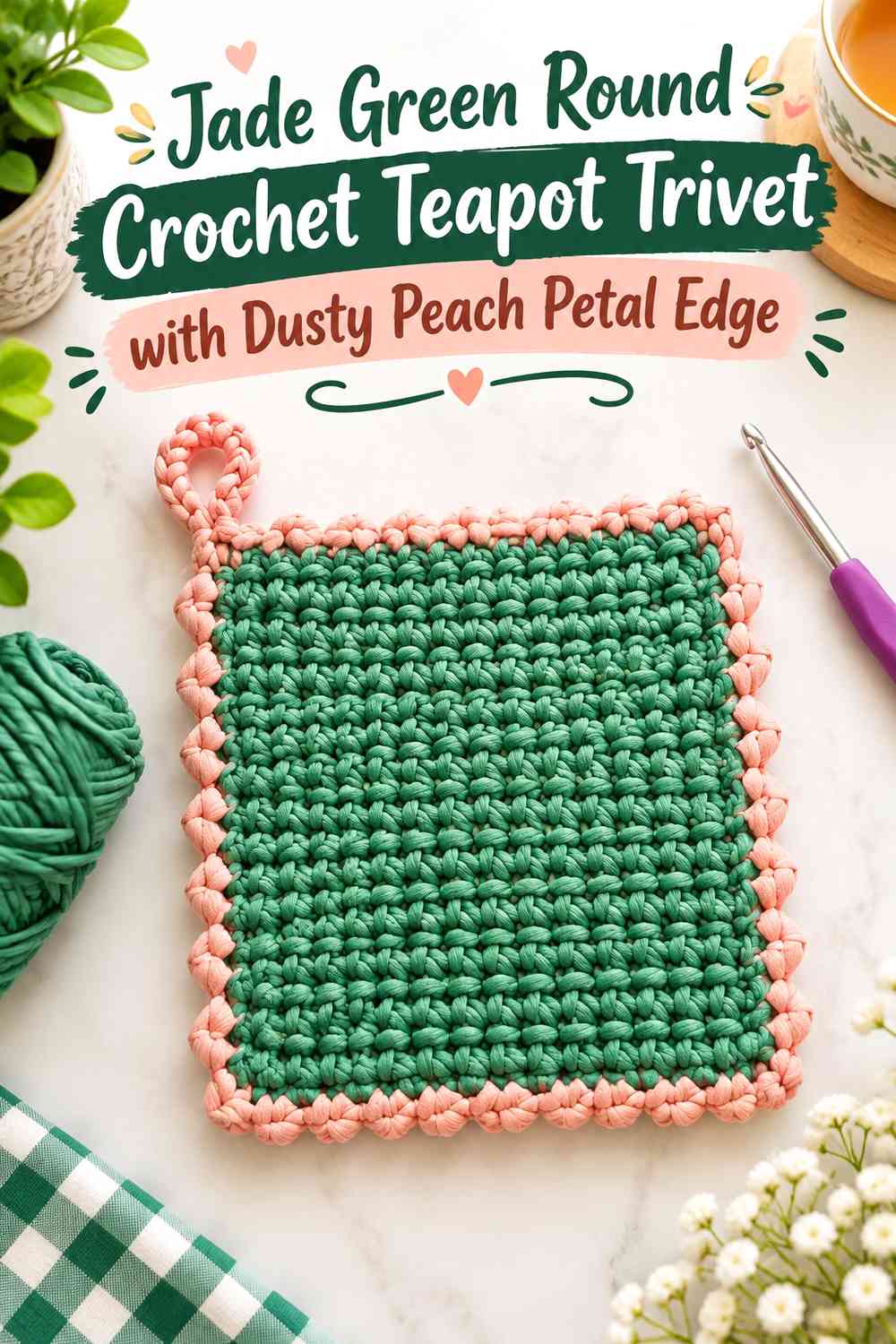 Jade Green Round Crochet Teapot Trivet with Dusty Peach Petal Edge