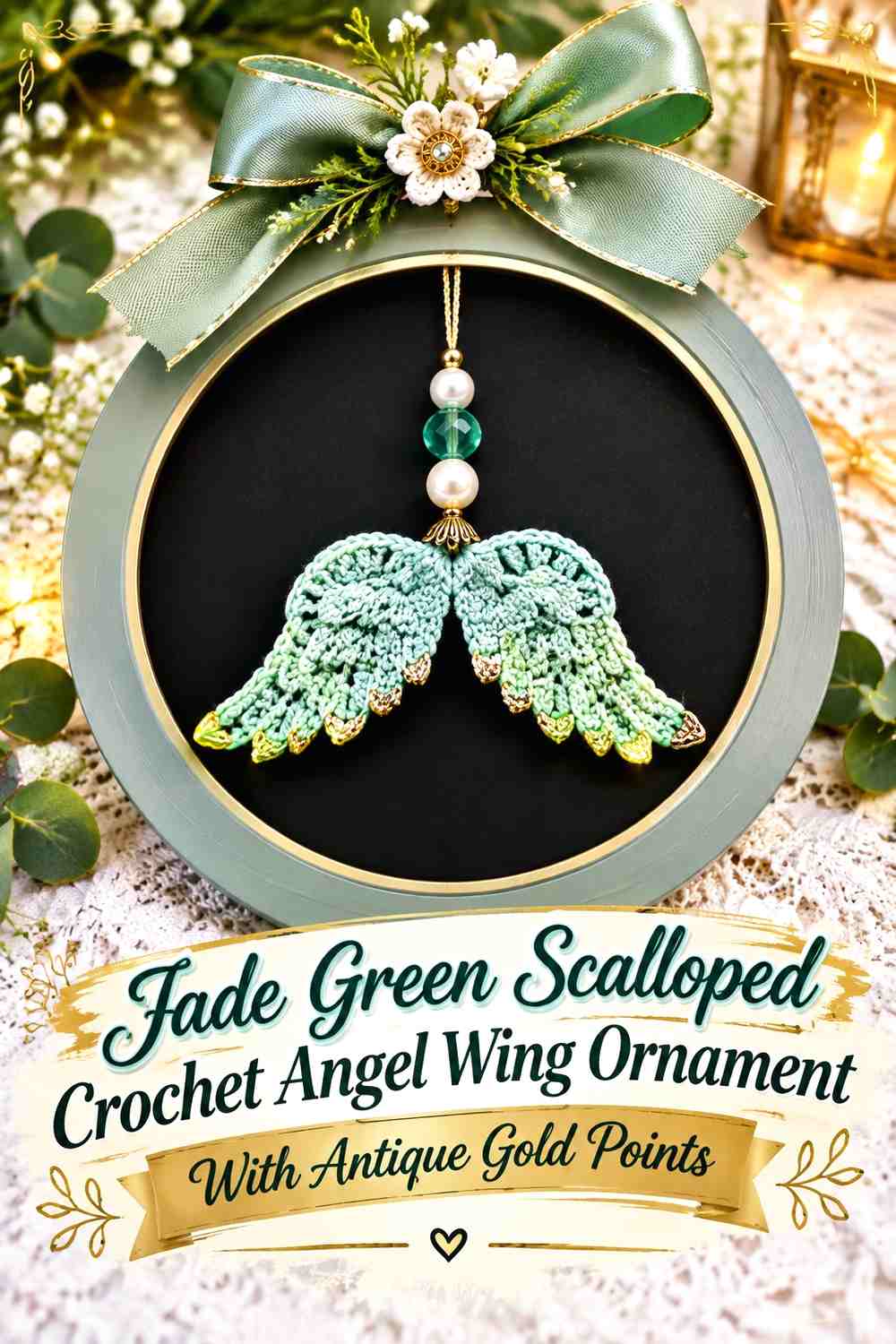 Jade Green Scalloped Crochet Angel Wing Ornament With Antique Gold Points