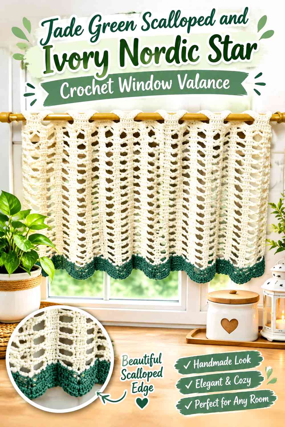 Jade Green Scalloped and Ivory Nordic Star Crochet Window Valance