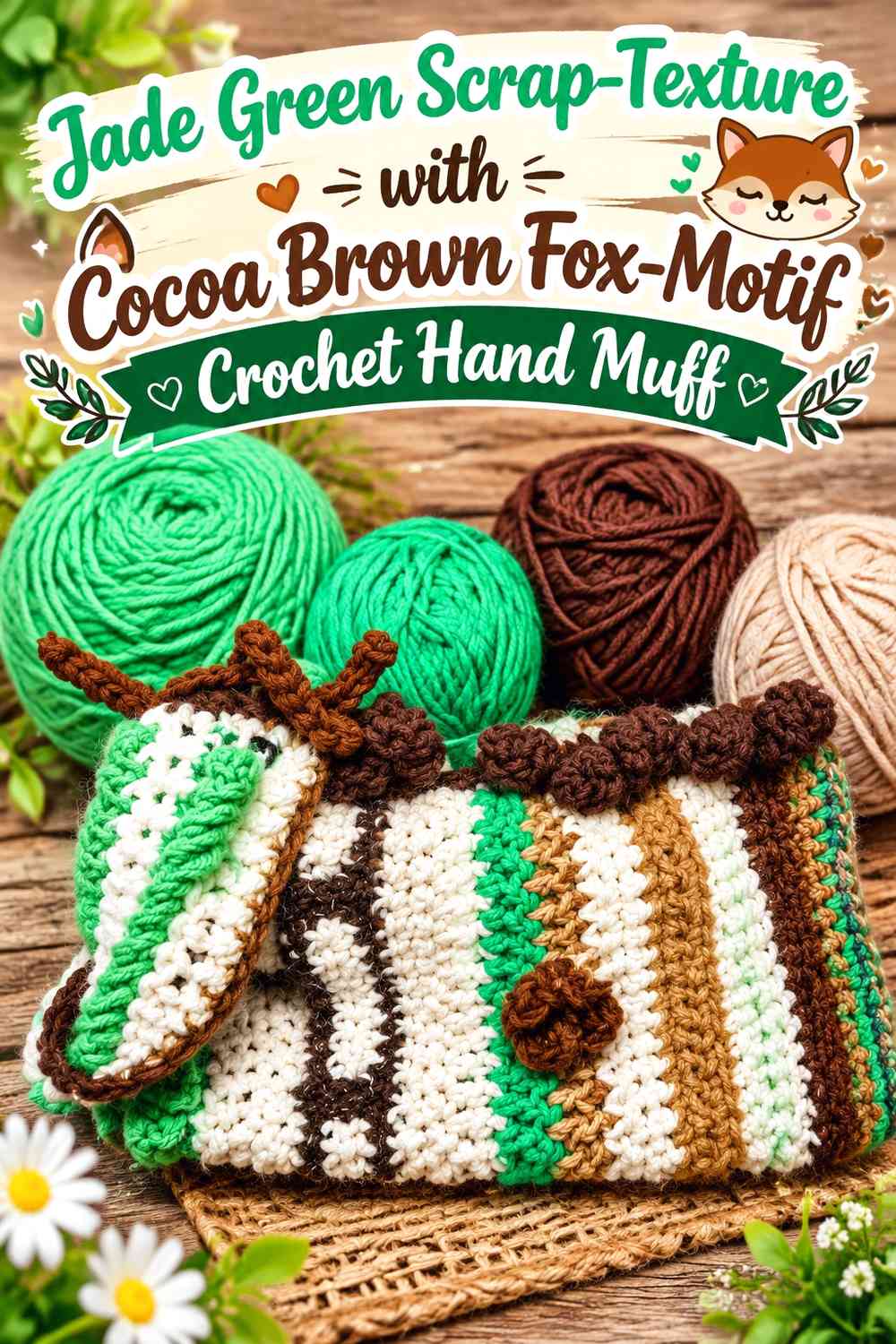 Jade Green Scrap-Texture with Cocoa Brown Fox-Motif Crochet Hand Muff