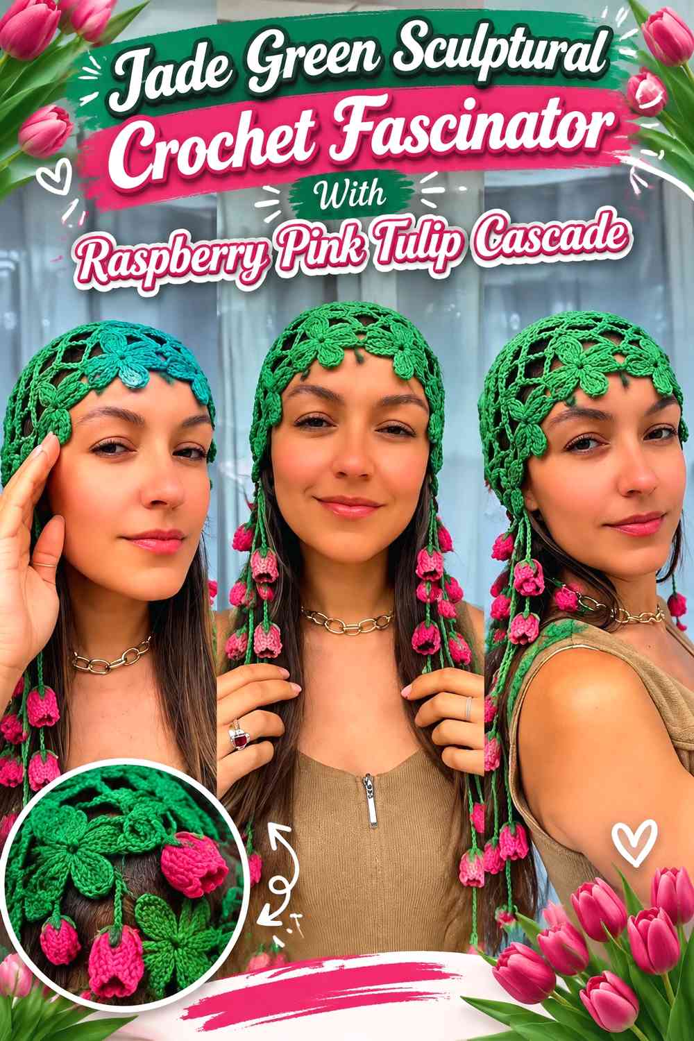 Jade Green Sculptural Crochet Fascinator With Raspberry Pink Tulip Cascade
