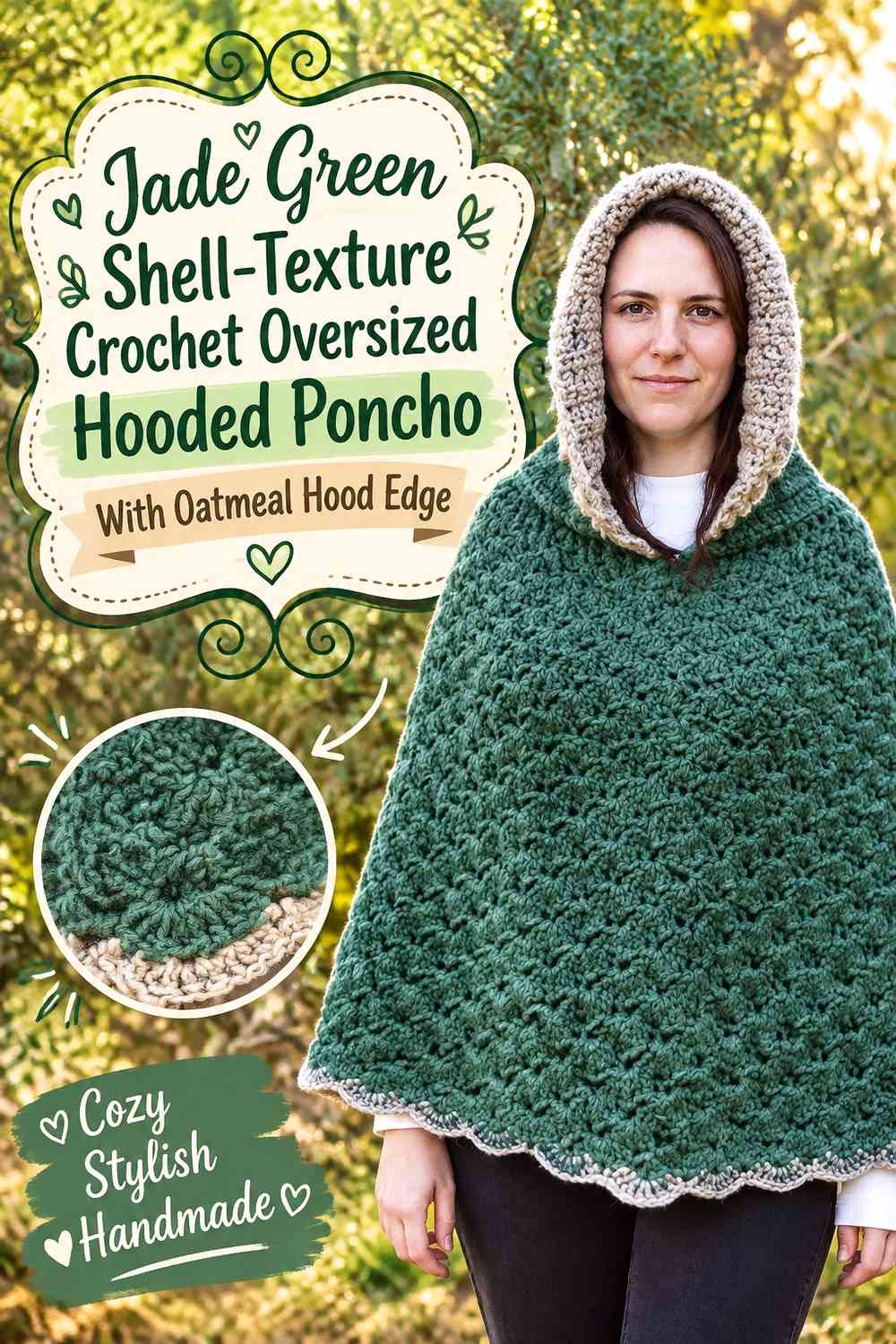 Jade Green Shell-Texture Crochet Oversized Hooded Poncho With Oatmeal Hood Edge