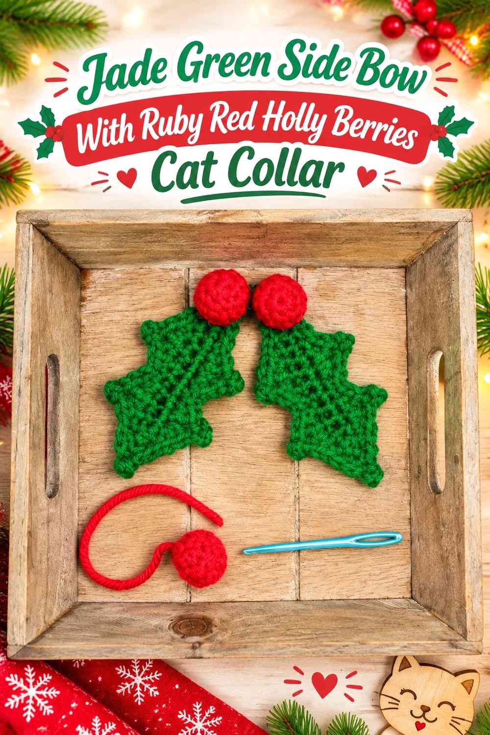Jade Green Side Bow With Ruby Red Holly Berries Cat Collar
