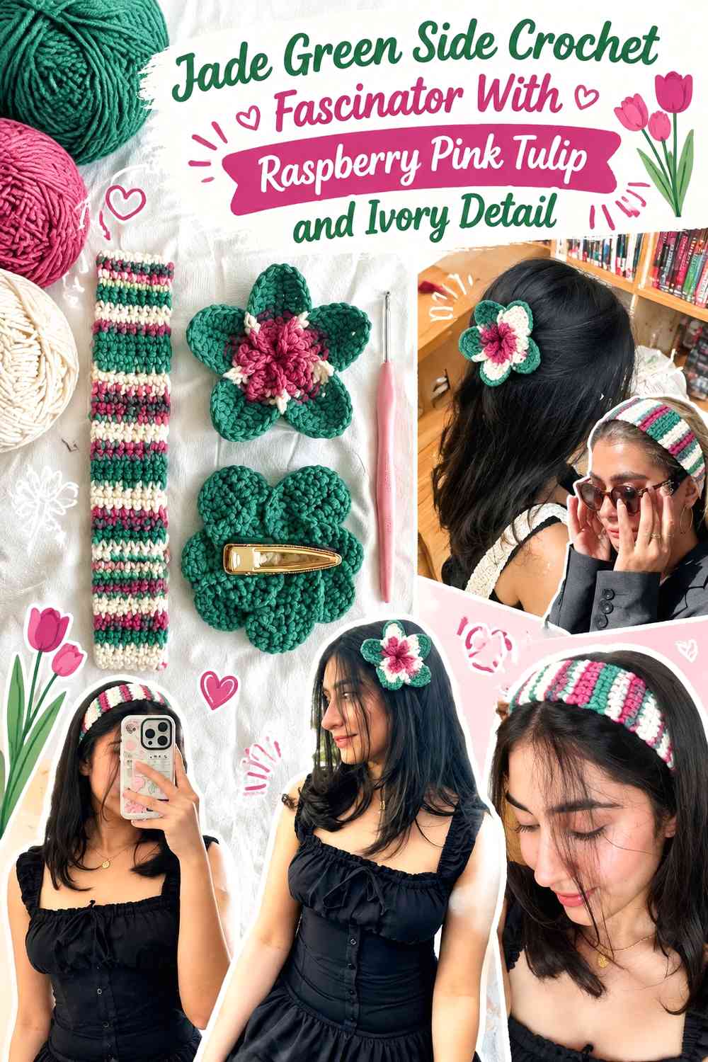 Jade Green Side Crochet Fascinator With Raspberry Pink Tulip and Ivory Detail