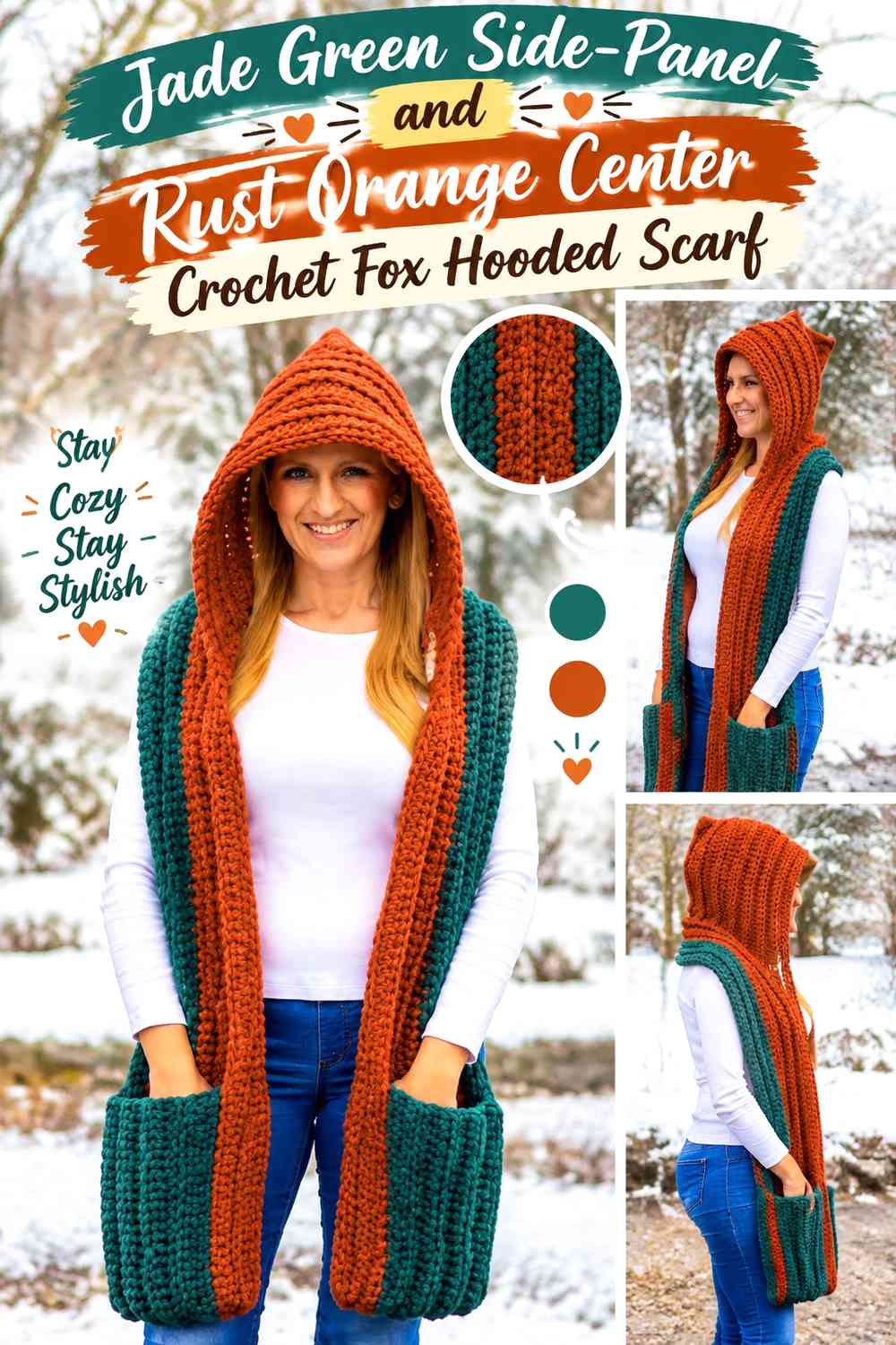 Jade Green Side-Panel and Rust Orange Center Crochet Fox Hooded Scarf