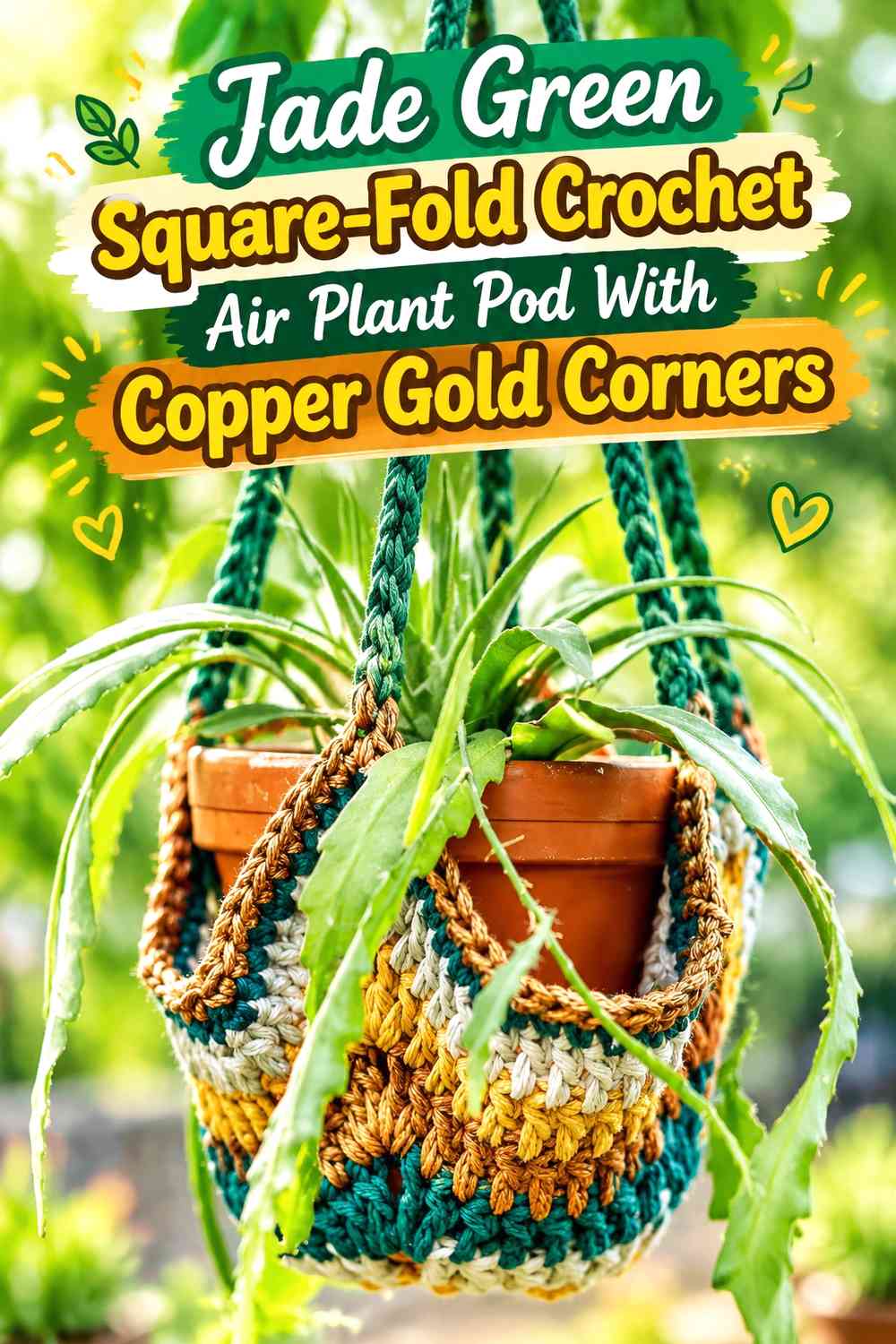 Jade Green Square-Fold Crochet Air Plant Pod With Copper Gold Corners