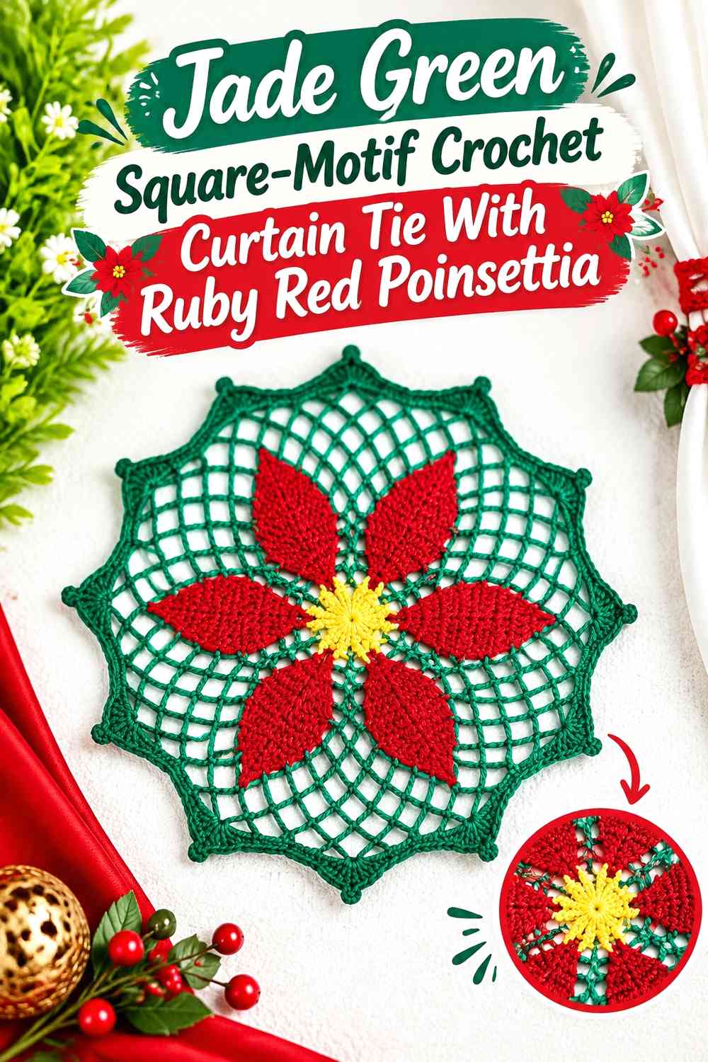 Jade Green Square-Motif Crochet Curtain Tie With Ruby Red Poinsettia