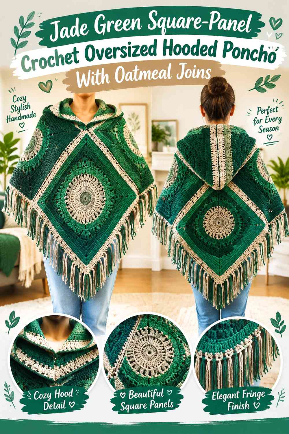 Jade Green Square-Panel Crochet Oversized Hooded Poncho With Oatmeal Joins