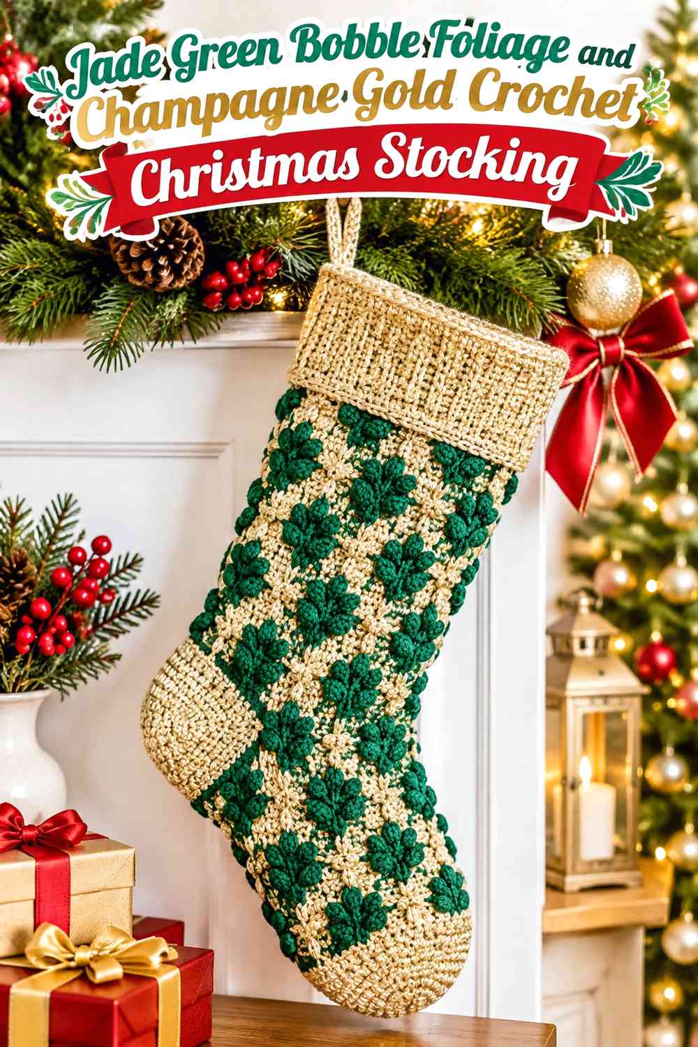 Jade Green Striped Botanical and Champagne Gold Crochet Christmas Stocking