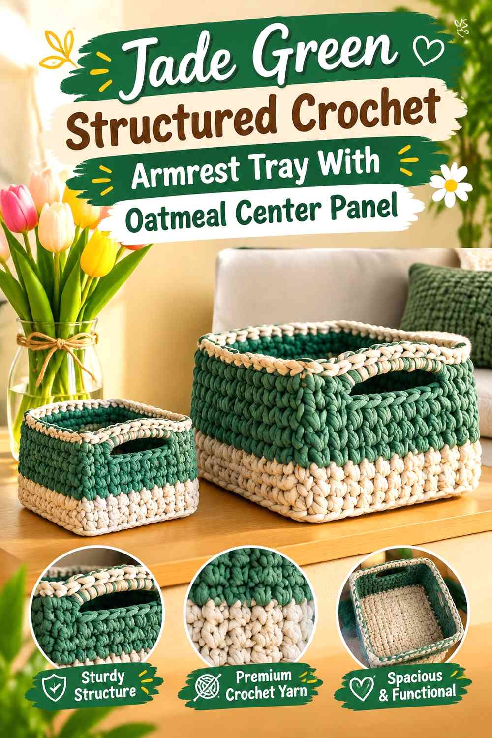 Jade Green Structured Crochet Armrest Tray With Oatmeal Center Panel