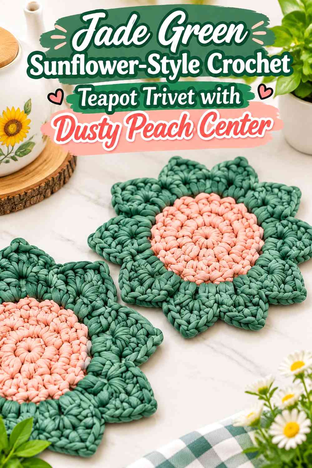 Jade Green Sunflower-Style Crochet Teapot Trivet with Dusty Peach Center