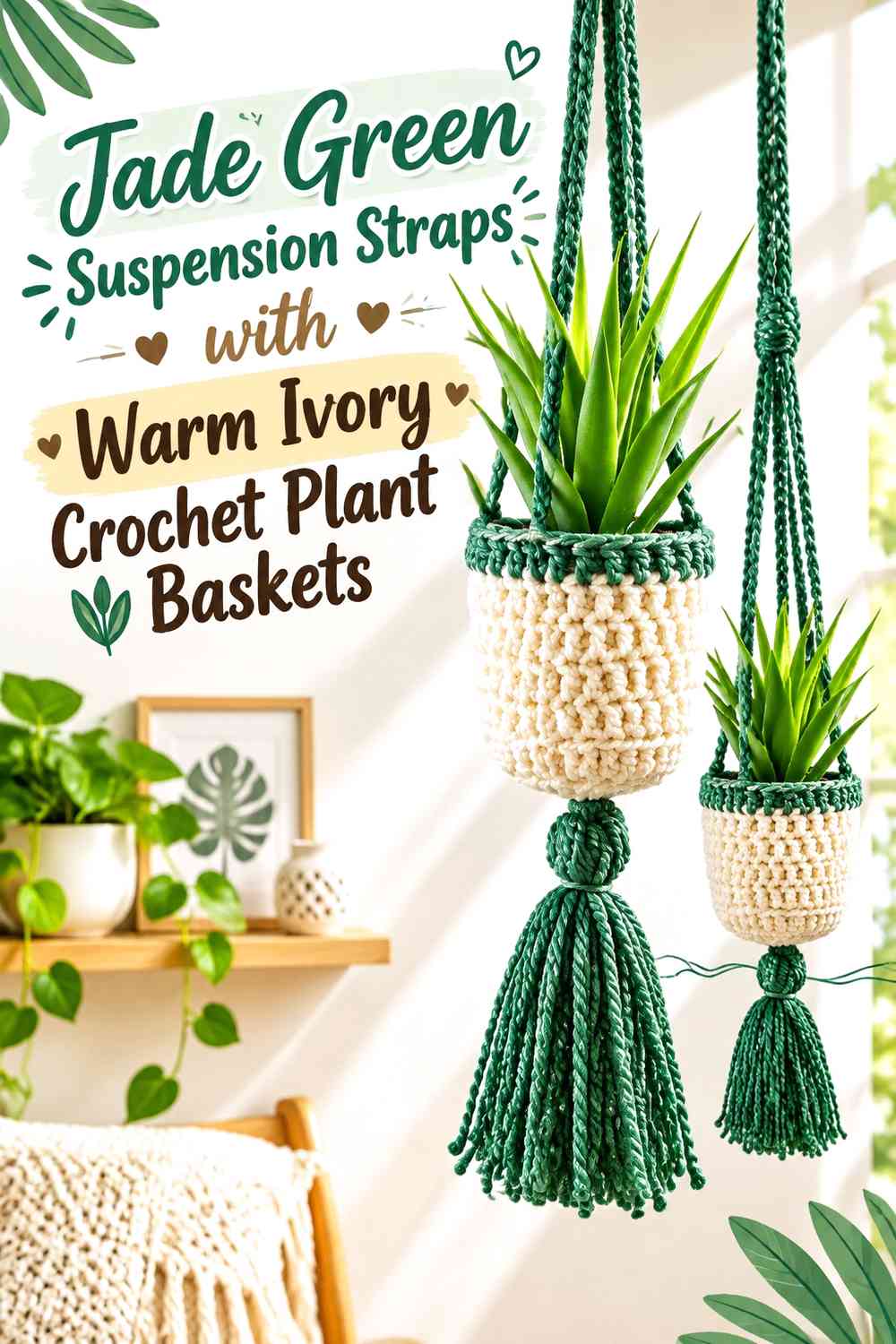 Jade Green Suspension Straps with Warm Ivory Crochet Plant Baskets