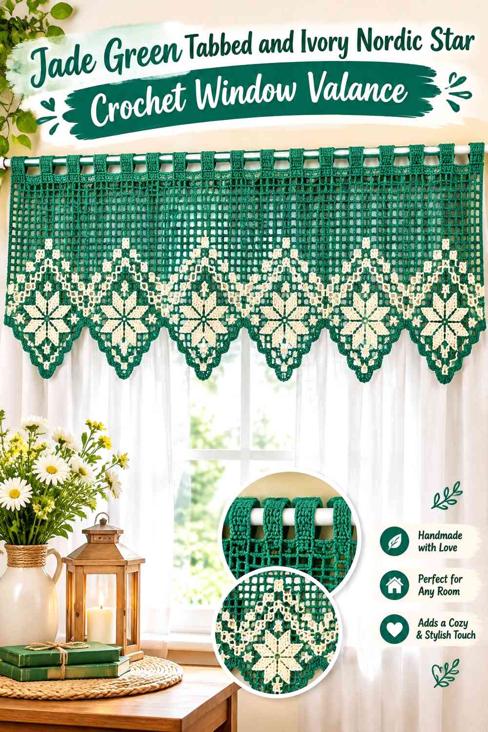 Jade Green Tabbed and Ivory Nordic Star Crochet Window Valance